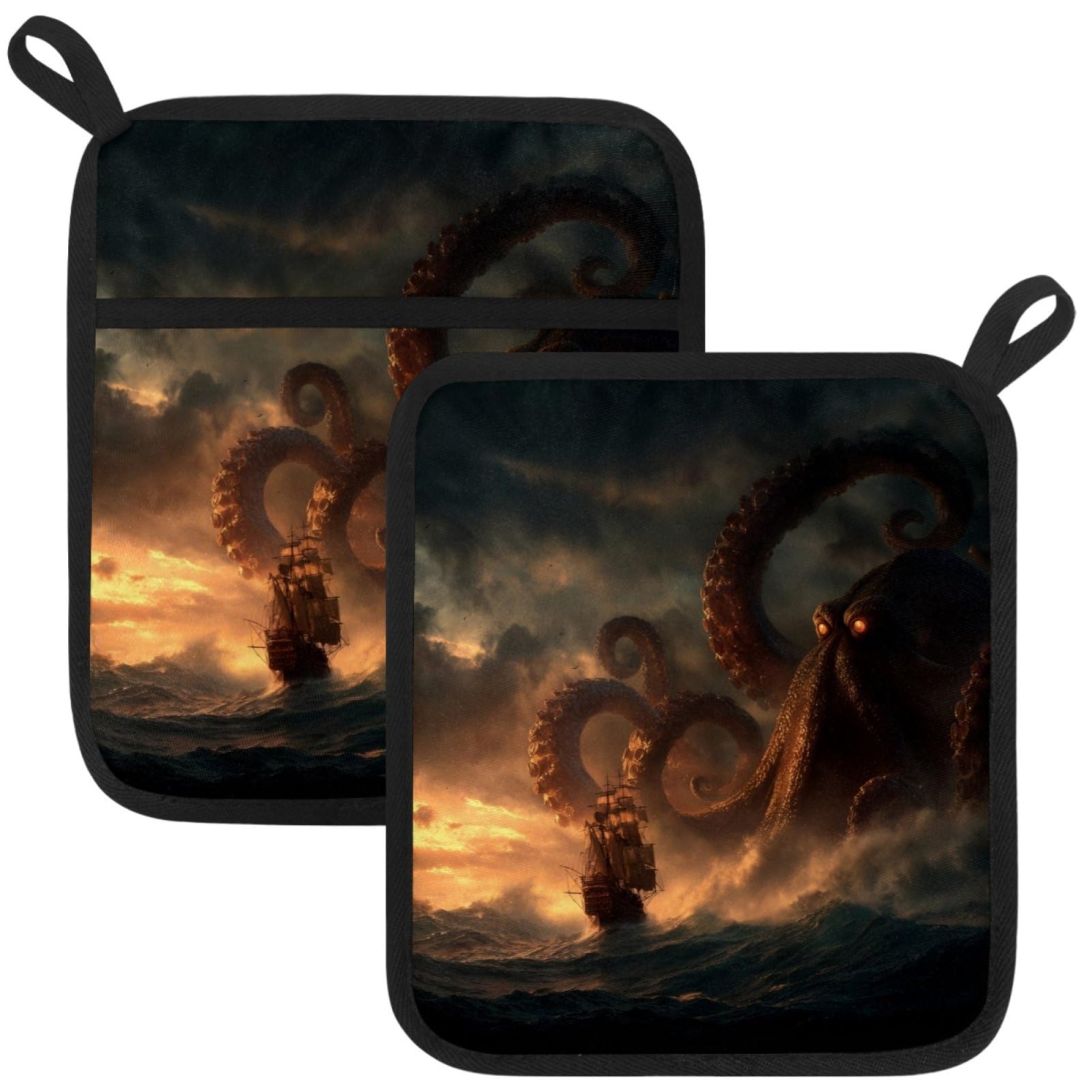VAPOKF Sea Octopus Sailboat Pot Holders with Pocket for Kitchen Heat Resistant Potholders Large Polyester-Cotton Square Oven Mitts Set