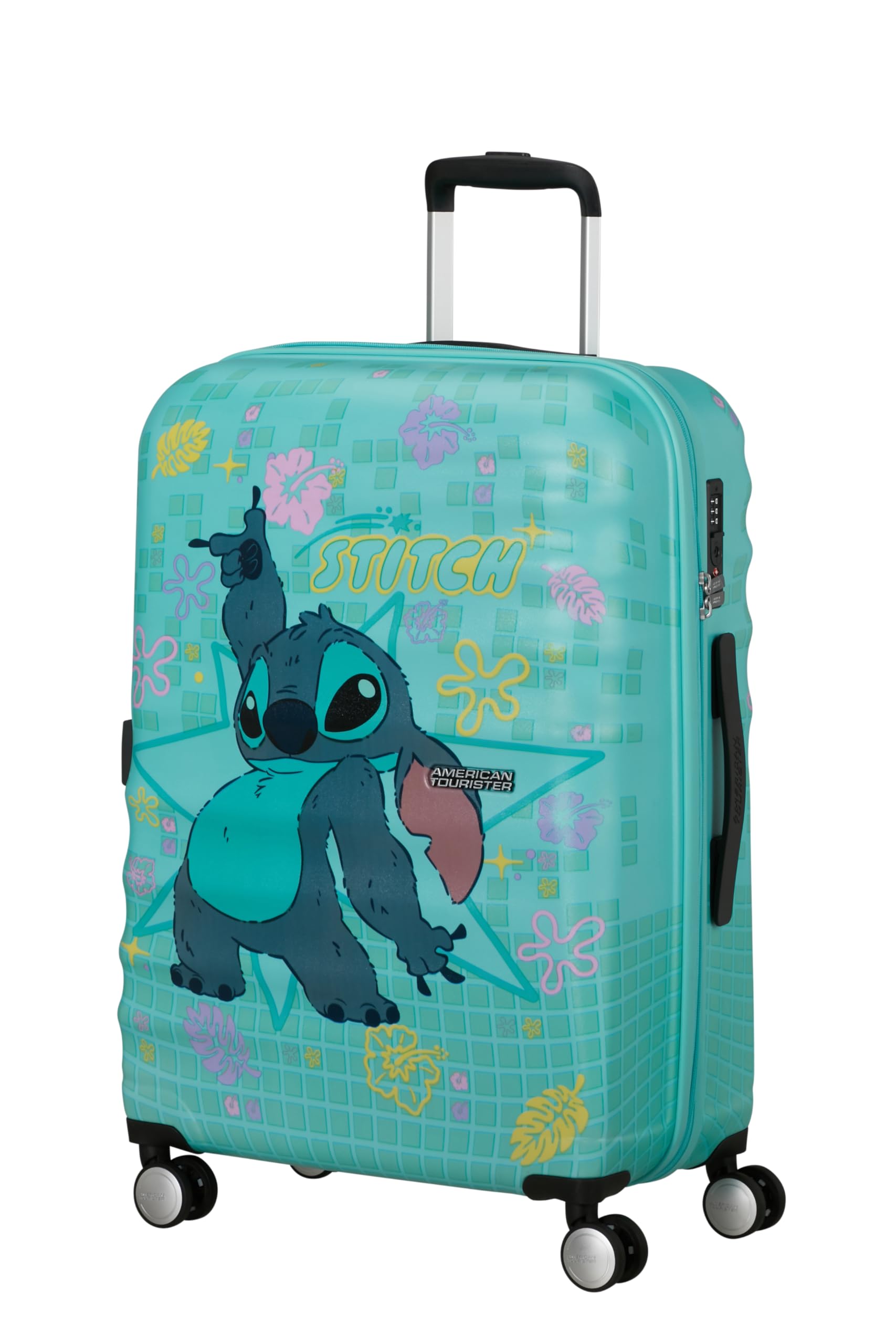 American Tourister Wavebreaker Disney - Carry-On Suitcase 55x40x20 cm, Hardshell Spinner, Cabin Trolley for Ryanair & Most Airlines - Stitch Flower
