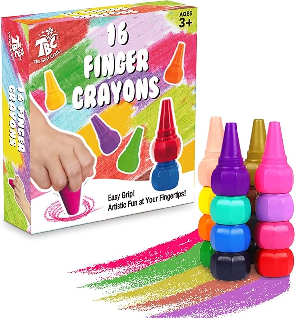 TBC Finger Crayons for Toddlers Set of 16 Baby Paint Crayon Washable Kids Easy Palm Grip Art Craft Non-Toxic Stackable Toys for Boys and Girls Children