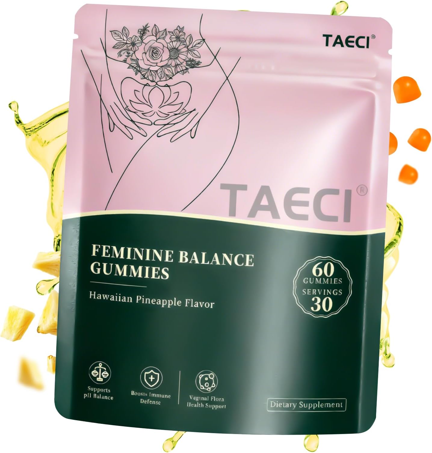 Premium Feminine Balance Gummies for Women – Hawaiian Pineapple Flavor – 4-in-1 Benefits with pH, Odor, Flora & Immune Support – Vegan, Gluten-Free – 60 Count