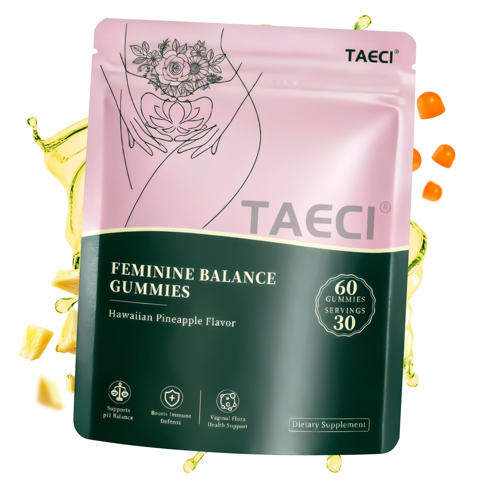 Premium Feminine Balance Gummies for Women – Hawaiian Pineapple Flavor – 4-in-1 Benefits with pH, Odor, Flora & Immune Support – Vegan, Gluten-Free – 60 Count