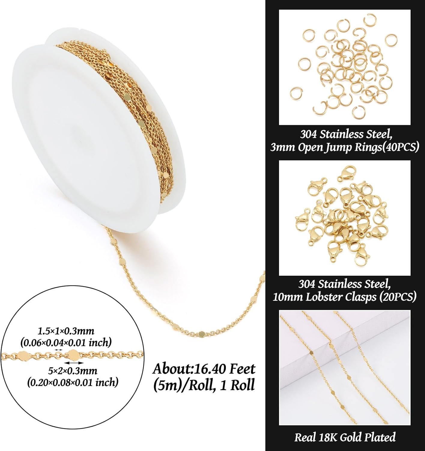 Pandahall 18K Gold Plated Heart Link Chain 16.4 Feet - Flat Oval Curb Soldered Jewelry Chain With Jump Rings and Lobster Claw Clasps for Bracelet Necklace Making - Image 5