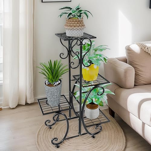 Miniatura 5 de Soporte de metal para plantas de 4 niveles, estante decorativo de flores para interiores, 29.33 x 19.68 x 9.84 pulgadas, negro