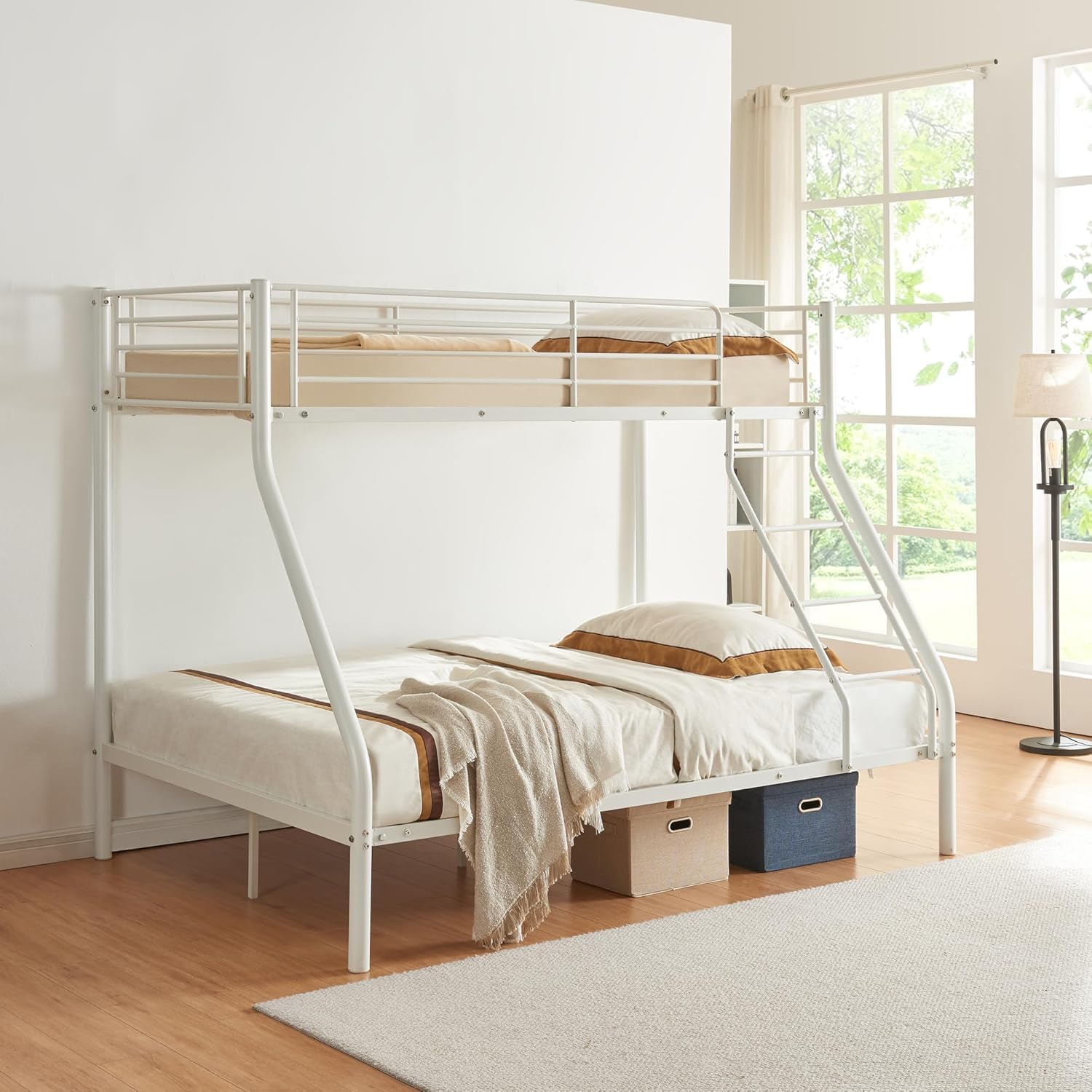 Litera de Metal para Niños, 90 x 200 cm o 140 x 200 cm, Cama Alta Doble Con Somier para Dormitorio Juvenil, Color Blanco