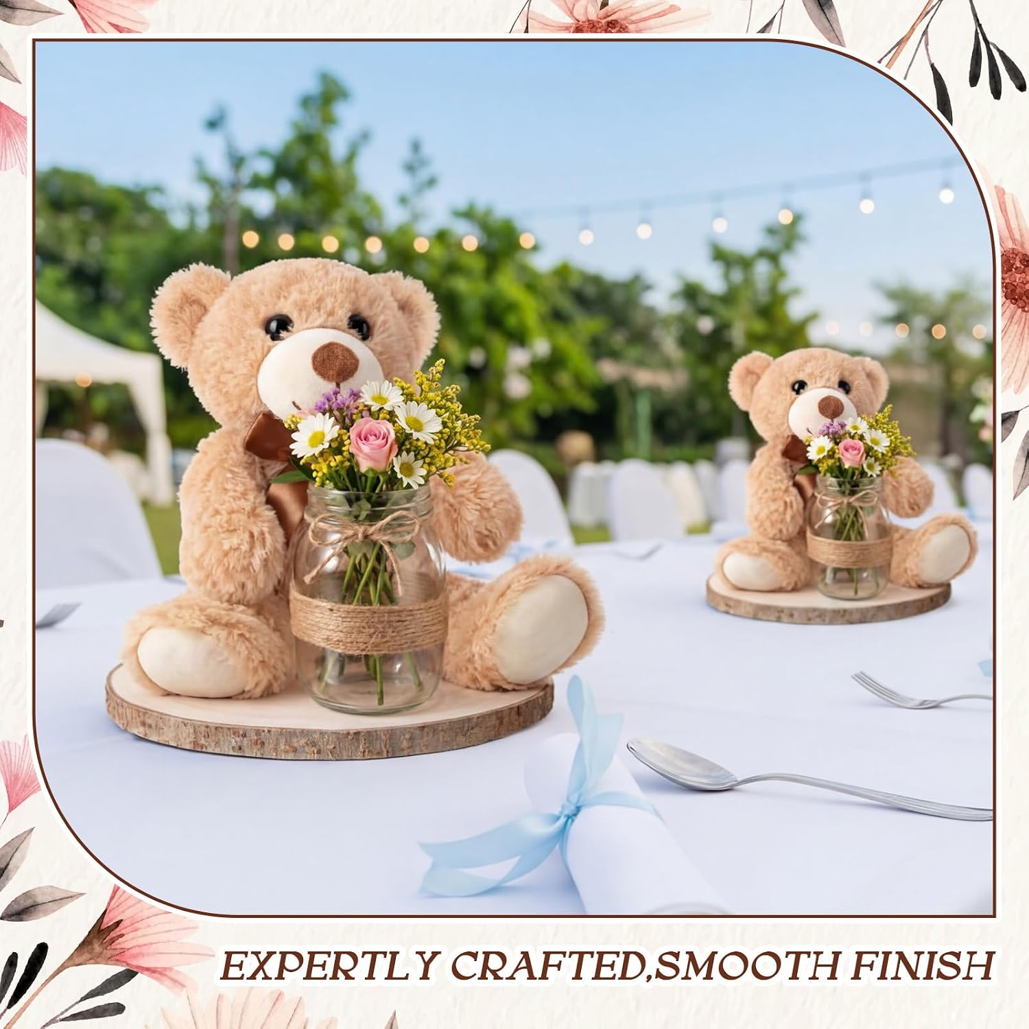 Canlierr 12 Set Plush Brown Bear and Glass Jar Matching Wood Slice Centerpieces Set Original Wood Board Decorations for Home Birthday Wedding Table Centerpieces