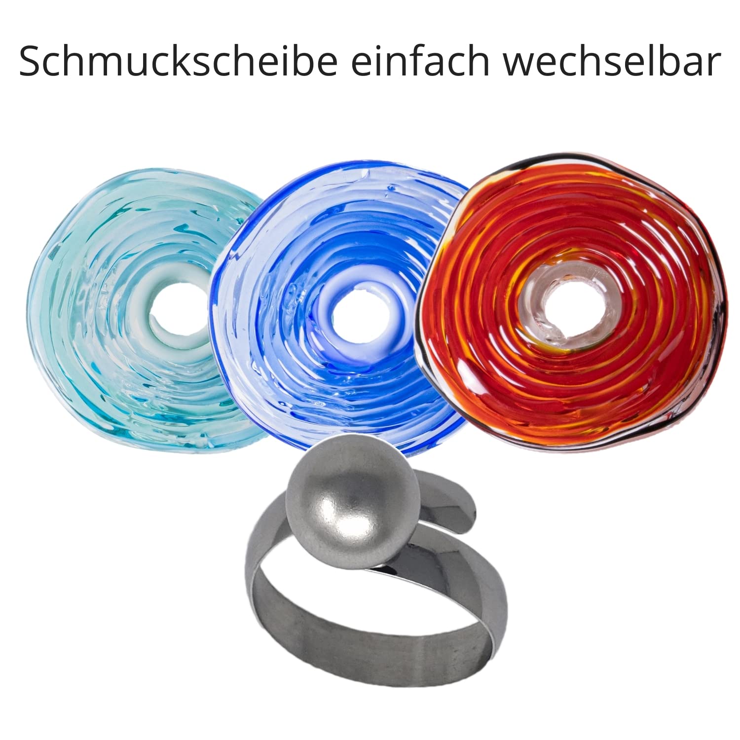 Edelstahl-Ring mit Scheibe aus Murano-Glas in blau/PASST IMMER/verstellbar (16-21) / Wechsel-Ring/Personalisiertes Geschenk für sie zu Valentinstag Jahrestag Hochzeit Geburtstag Mama
