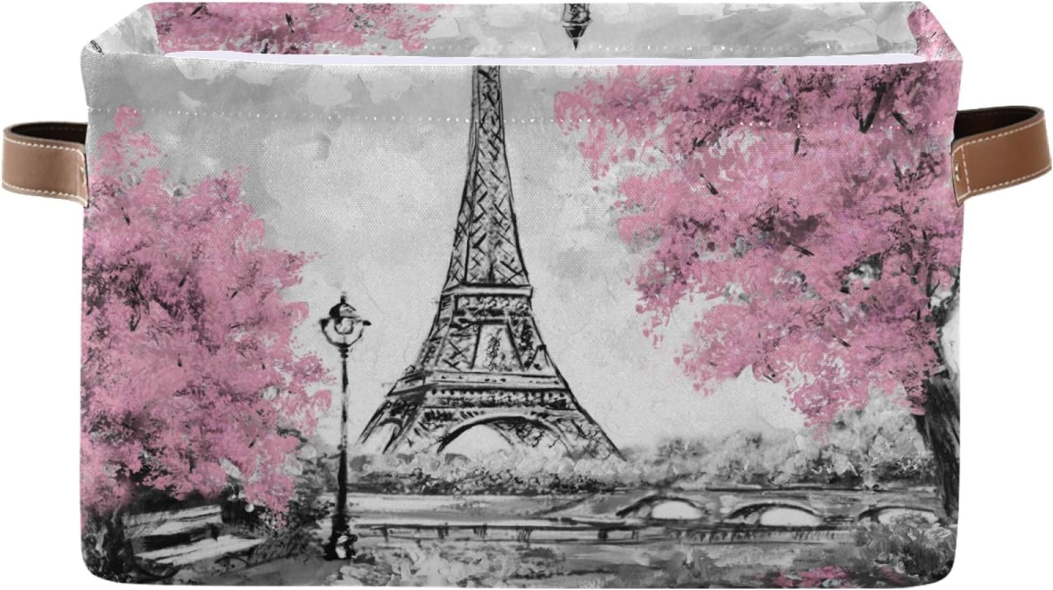 DAOXIANG Vintage Paris Eiffel Tower and Pink Tree Themed Square Storage Basket, Foldable, with Leather Handles,for Home, School and Office 15 X 11 X 9.5 in X 1