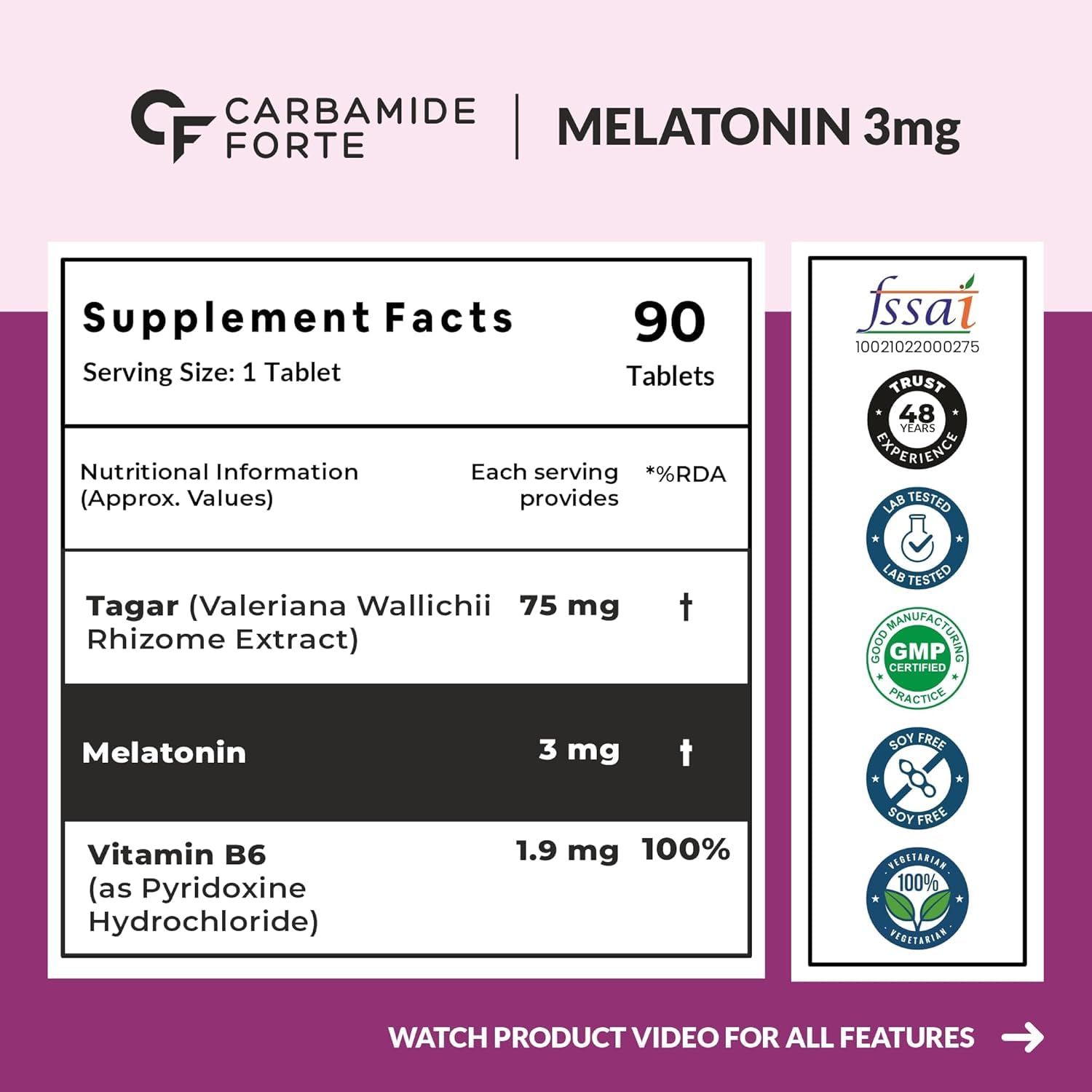 Carbamide Forte Melatonin 3Mg With Tagara 75Mg Sleeping Aid Pills 90 Tablets (Pack Of 2), 400 Grams — Amazon image 2