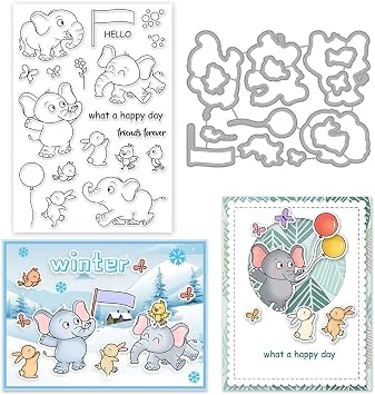 INFUNLY Elephant Clear Stamps and Dies for Card Making DIY Metal Die Cuts Animal Word Silicone Stamp for DIY Craft Scrapbooking Decor Easter St. Patricks Day Gifts