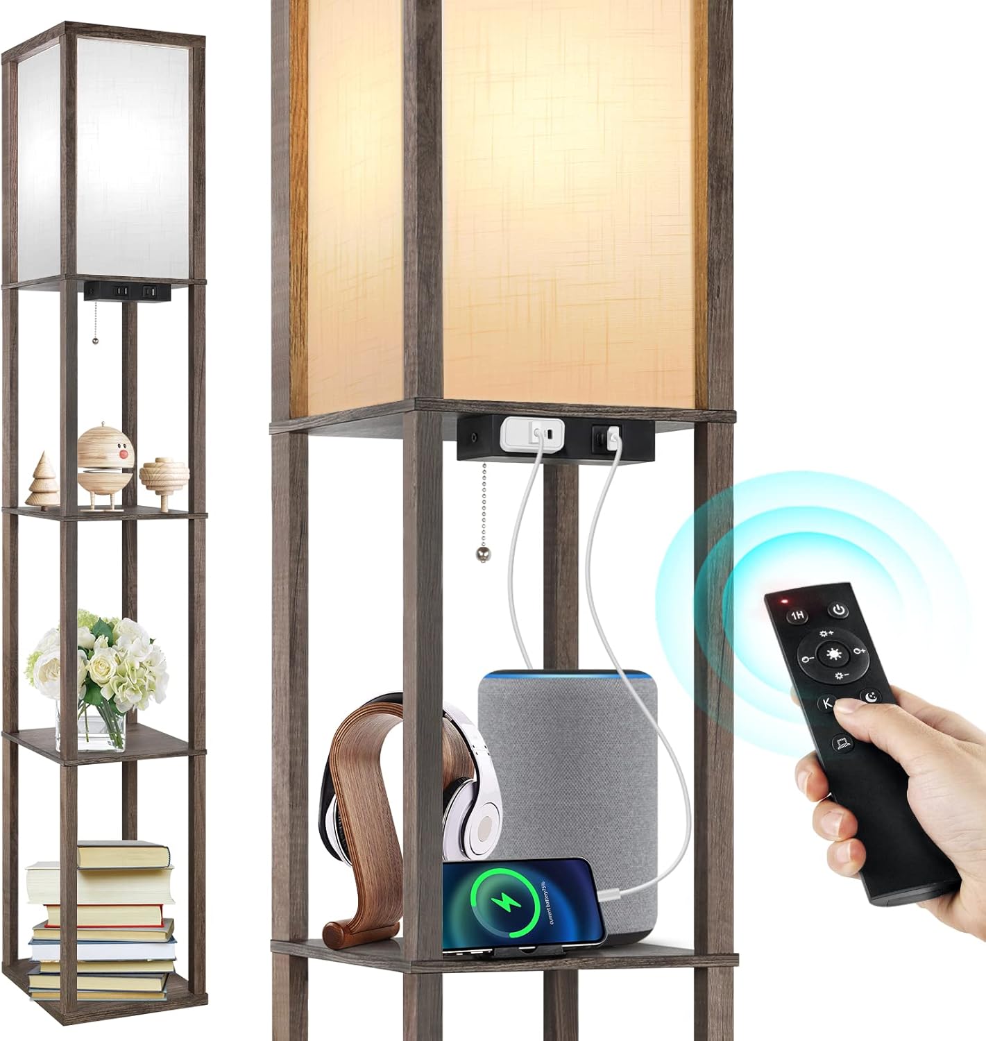 OUTON Floor Lamp with Shelves, Dimmable Shelf Floor Lamp with Remote