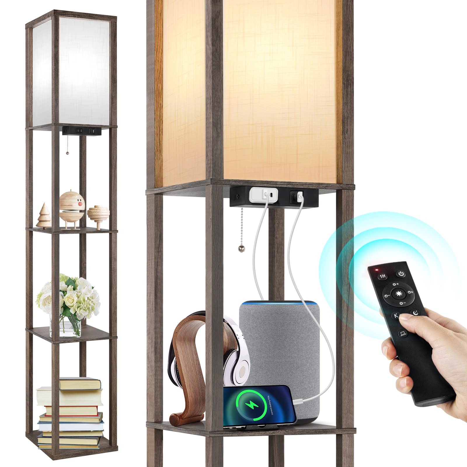OUTON Floor Lamp with Shelves, Dimmable Shelf Floor Lamp with Remote
