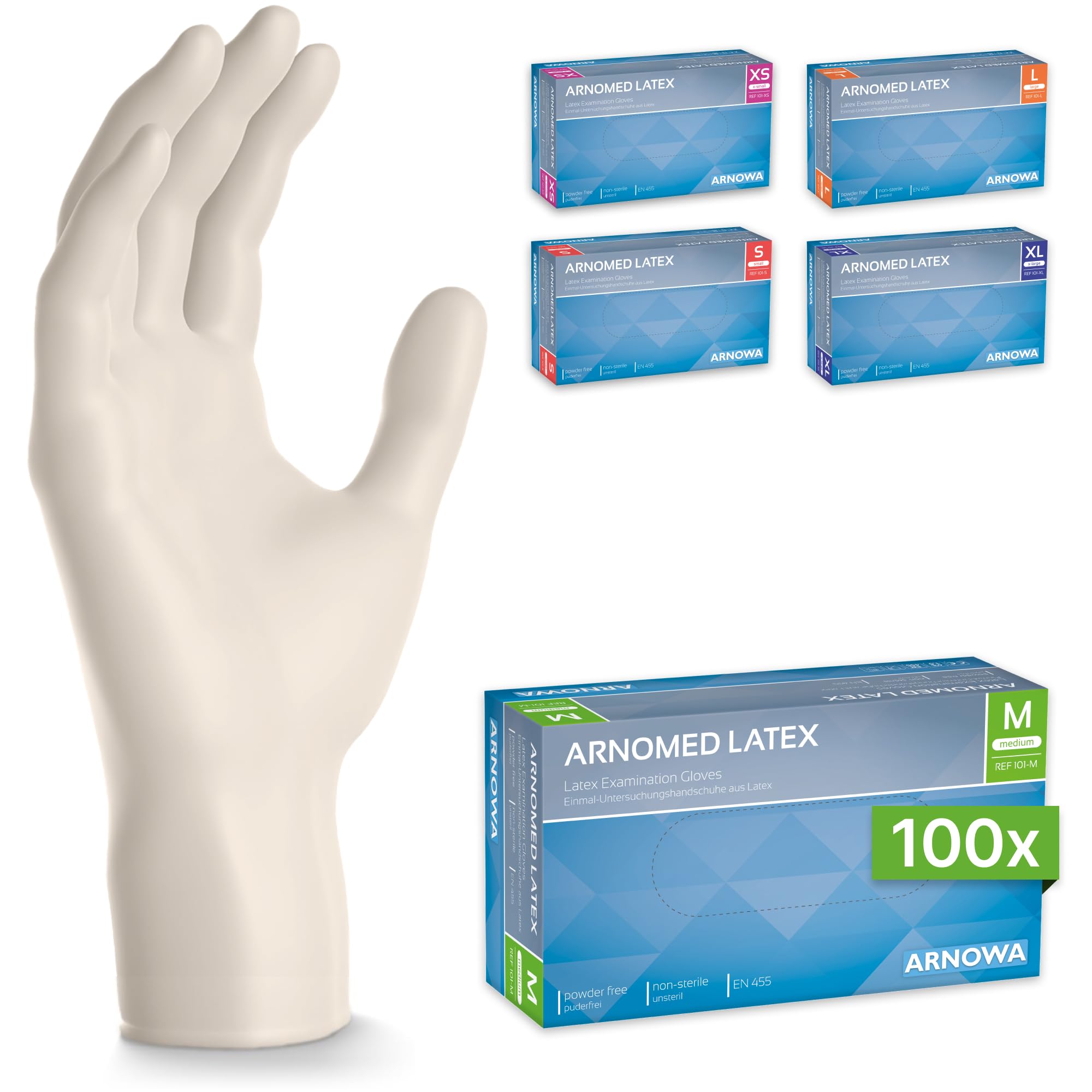 ARNOMED 100x Guanti lattice monouso M Bianco, Guanti monouso senza polvere, Guanti usa e getta resistente, Per meccanico, pulizia casa, alimenti e tattoo XS, S, M, L, XL