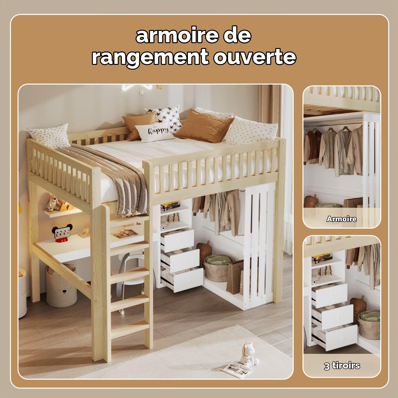 EURHCIO Lit Mezzanine 2 Places 140x200cm,Lit Double avec Grand Bureau,3 Tiroirs,3 étagères,Armoire,Haute Barrière de lit,Sommier à Lattes Solide,pour Adolescents (Naturel, 140x200)