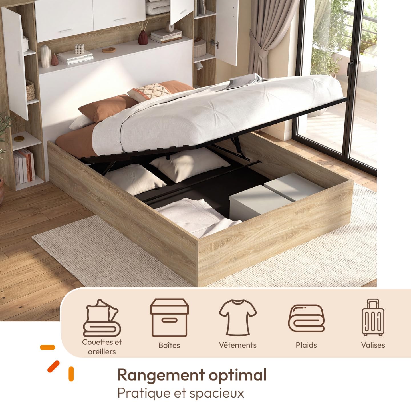 IDMarket - Lit Pont Armoire Bridget Coffre sommier 140 x 190 cm