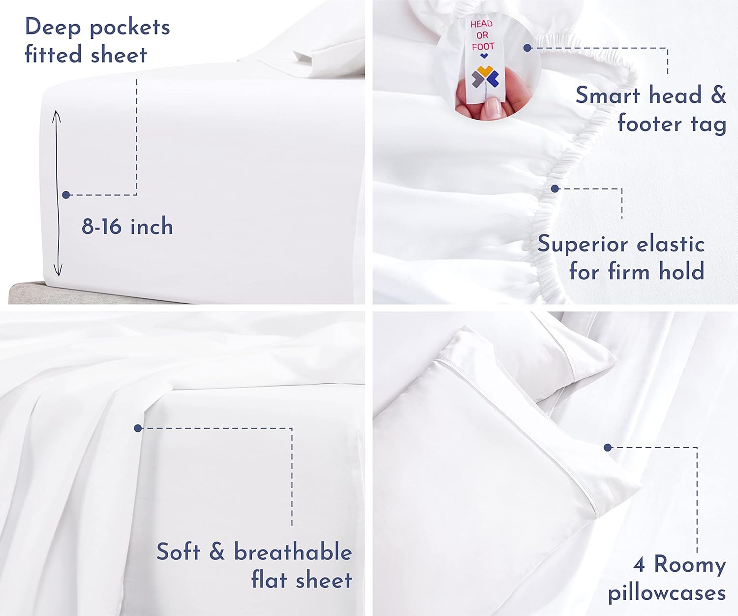 Queen Size White Sheet Set - 6 Piece Set by California Design Den - Ultra Soft 100% Cotton Sheets, 400 Thread Count Luxury Sateen Weave, Deep Pocket Bedsheets, With 4 Pillowcases (Queen, Bright White) : Home & Kitchen