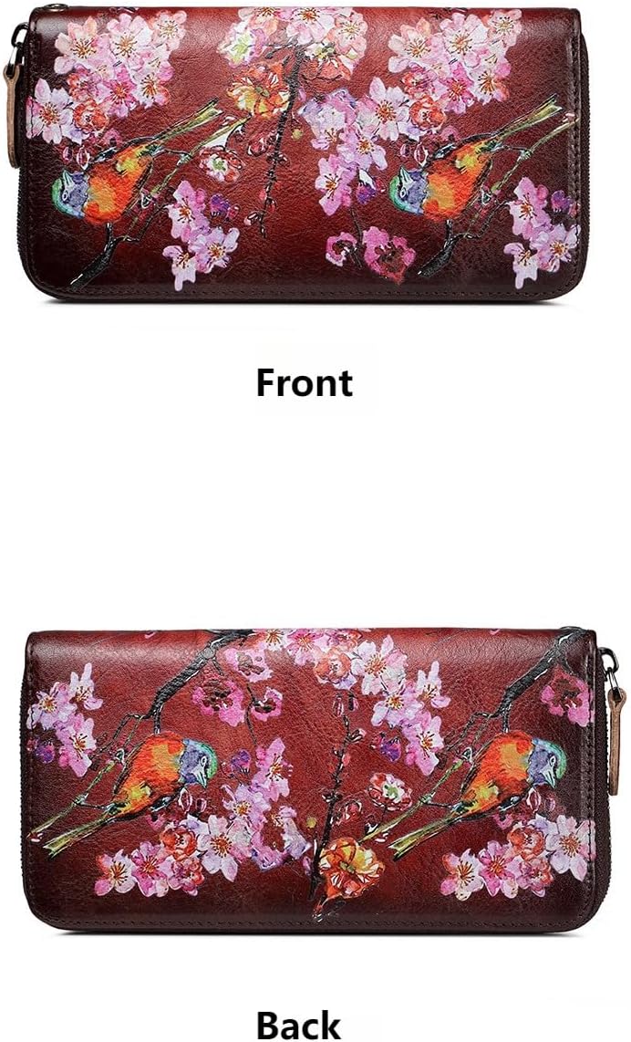 Women's Hand-Painted Genuine Leather Wallet RFID Blocking Accordion Flap Design (Brown)