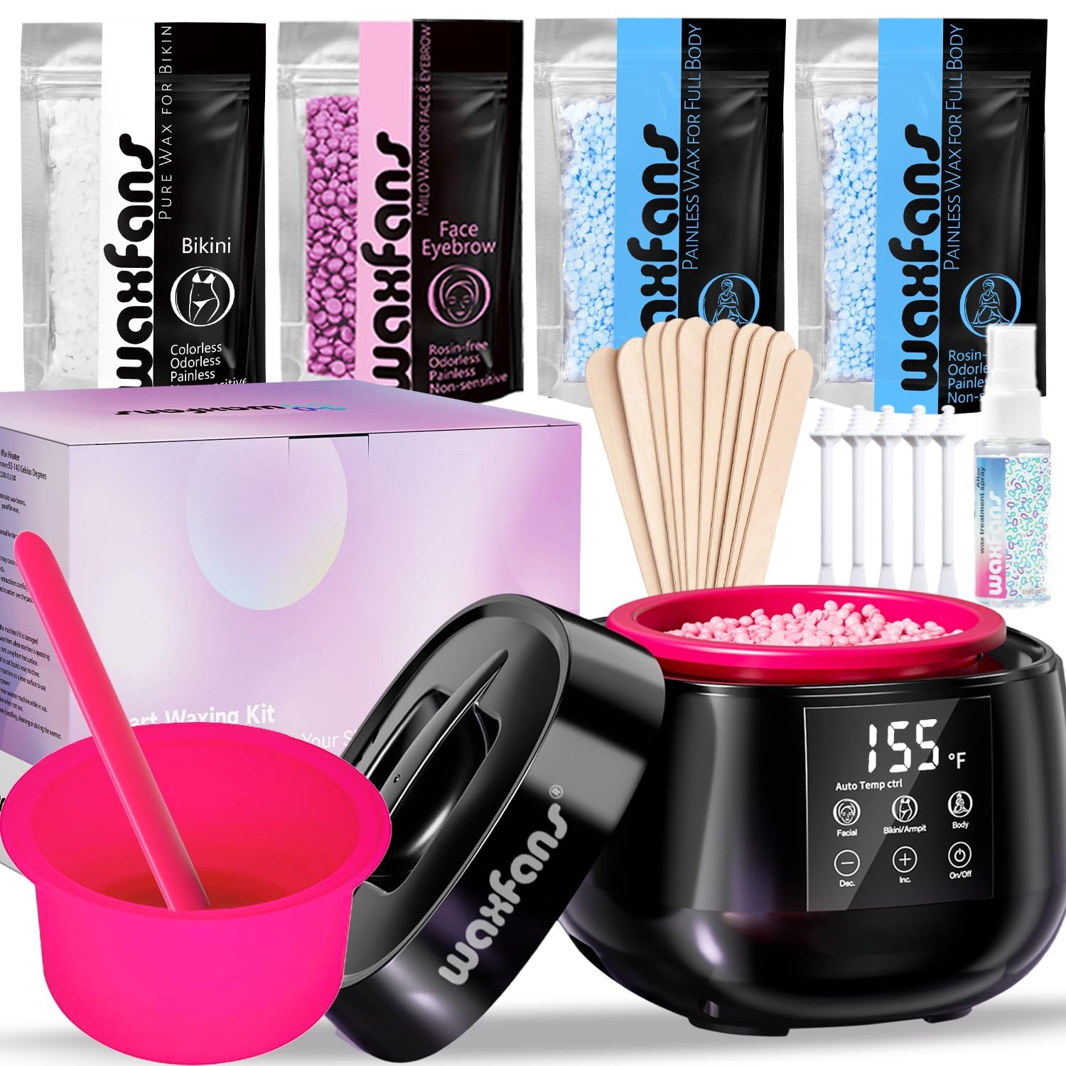 Smart Waxing Kit for Women with Temperature Control,Waxfans Digital Wax Warmer,Gentle Wax Beads for Sensitive Skin,For Brazilian, Bikini, Facial, and
