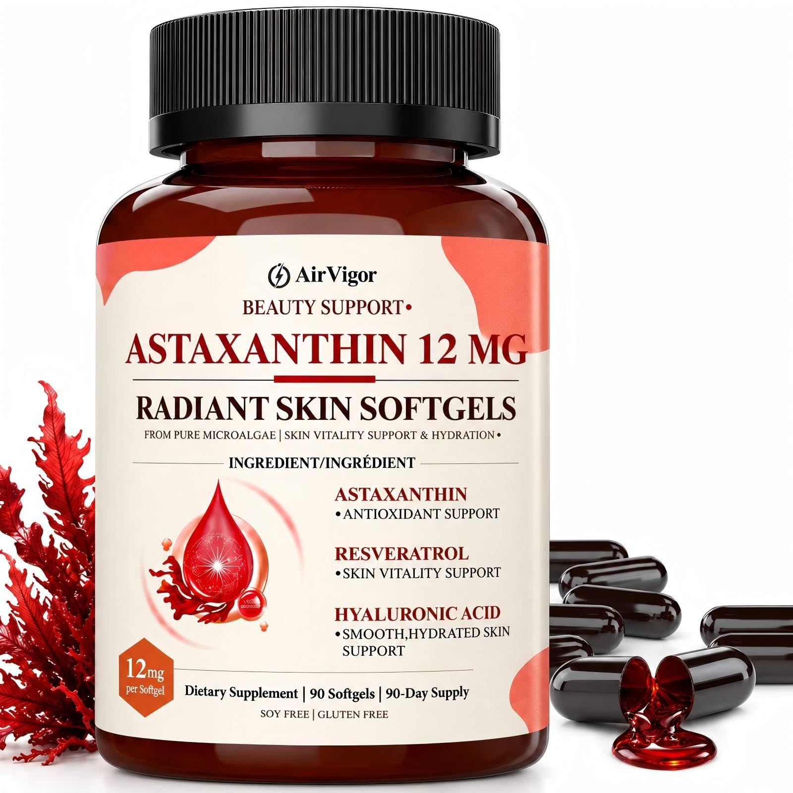 Astaxanthin 12mg, Astaxanthin Supplements for Women, 90 Softgels 90 Count (Pack of 1)