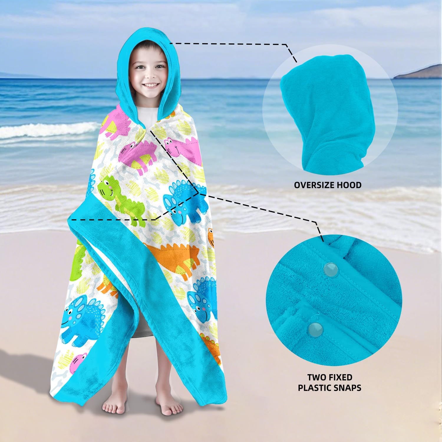 Dinosaur Hooded Beach Towel for Boy, 35" x 60" Kids Poncho Bath Towel for Toddler, Light Blue Soft Absorbent with Hood for 3-10 Years Bathrobe for Swimming Pool Bath