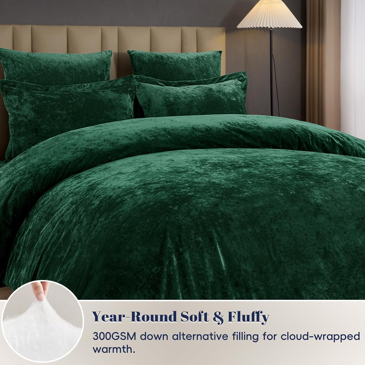 PHF Crushed Velvet Comforter Set King Size, 5-Piece Luxury Winter Bedding Sets with 2 Euro Shams, Heavyweight Warm Fluffy Velvet Bed Spread, Glam Home Decor, Emerald Green - Image 7
