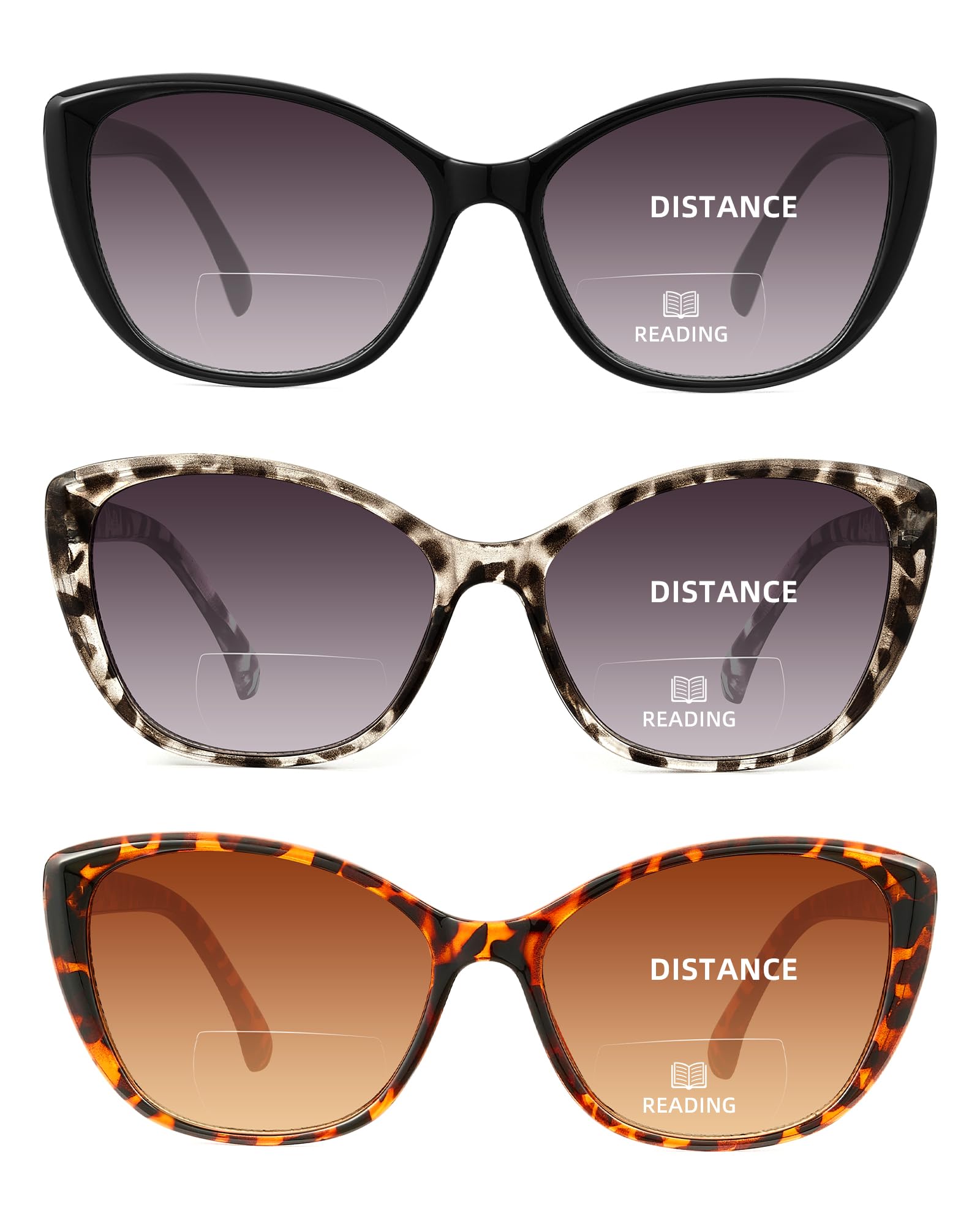 JOLISU Paquete de 3 lentes de sol bifocales de lectura de ojo de gato para mujer, 2 en 1 UV400 con bisagra de resorte para actividades al aire libre