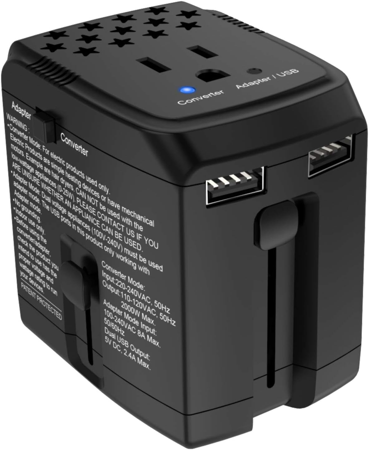 2000W 220V to 110V Converter and Travel Adapter w/2 USB Ports COMBO - Converter Step Down Voltage with Electric Products Like Hair Dry - Universal World Plug Adapter US to UK Europe Over 150 Countries