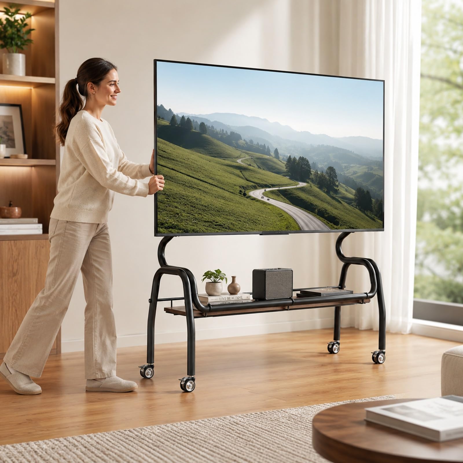 Mobilny Stojak TV na Kółkach, Ruchomy Wózek TV z Drewnianą Półką | Do Telewizorów 32–75 Cali, Podstawa TV na Kółkach do Salonu Sypialni Biura(Brown,90cm/35inch)