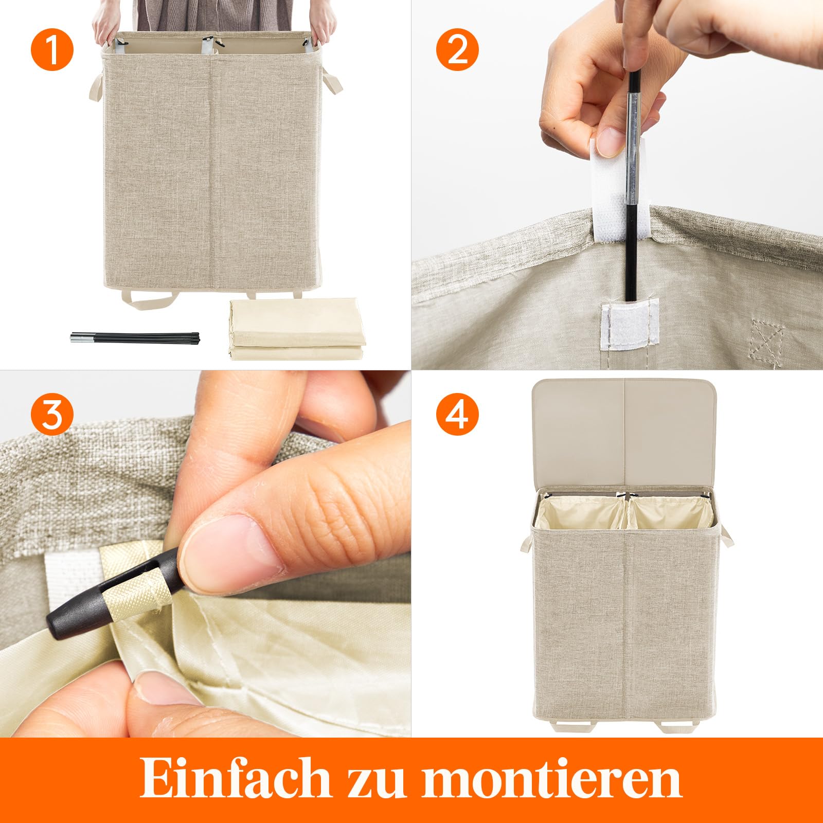 Lifewit 155L Wäschekorb mit Deckel und 2 Fächern, Beige
