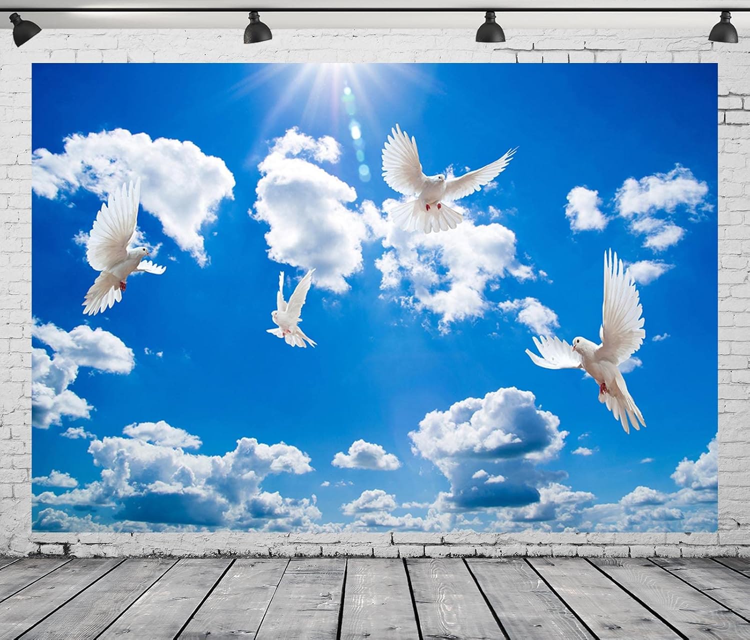 CORFOTO 12x10ft Fabric Blue Sky Tree Branches White Birds Pigeons Flying Backdrop Holy Spirit Peace Dove Jesus Christ Background for Church Decor Heavenly Birthday Banner Baptism Decor Banner Props
