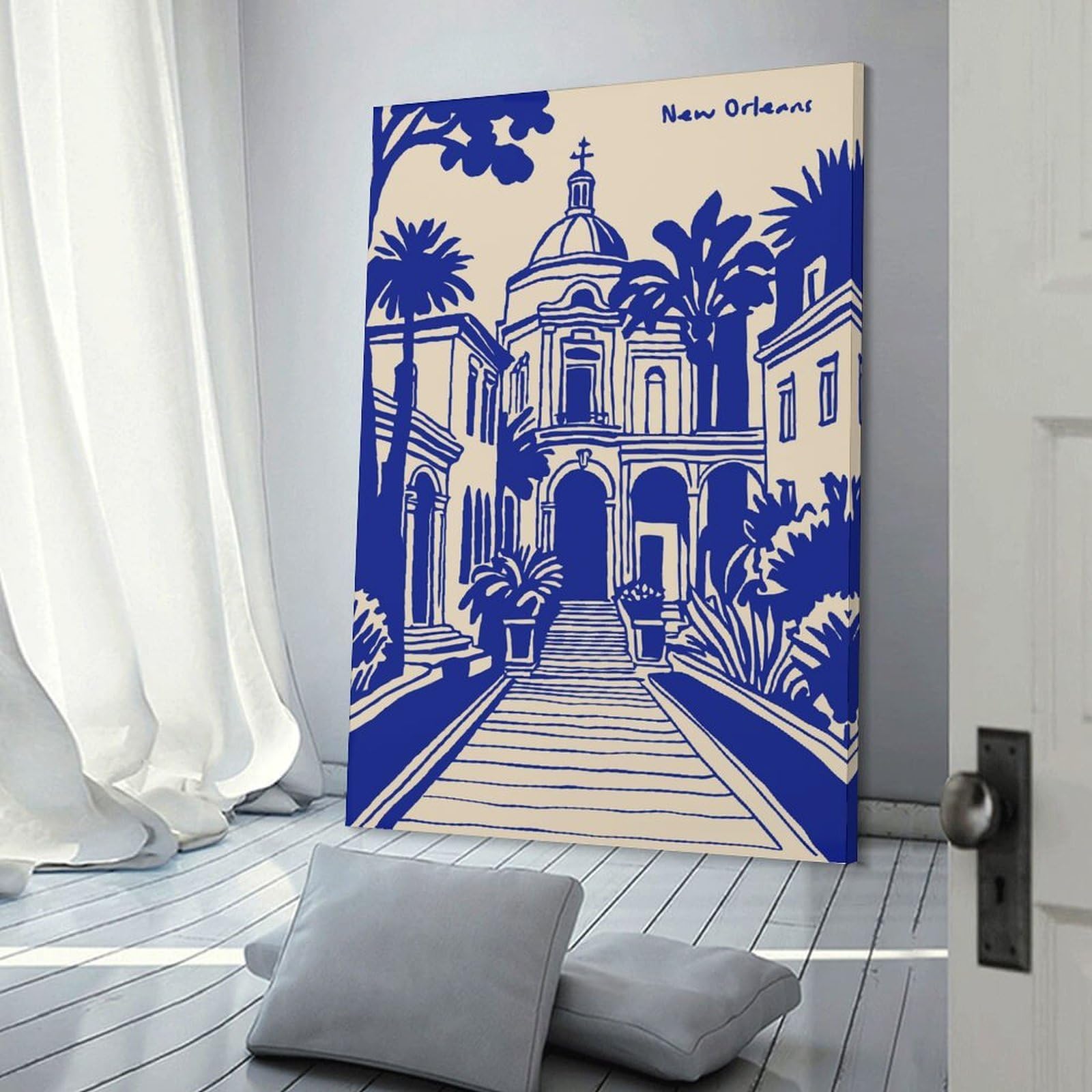 Junmoney Frame-Style-1-1 New Orleans Architecture And Palm Trees Wall Art Print, 20X30inch(50X75cm), For Office, Study Or Home Workspace, Decorative Artwork For Productive Spaces