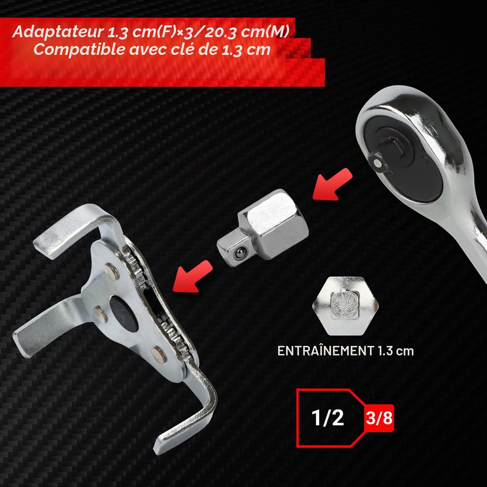 Shall Jeu de clés pour filtre à huile, pince à filtre à huile de 30,5 cm, outil à 3 mâchoires pour retirer la clé de filtre à huile réglable, filetage intérieur 1/2" vers filetage extérieur 3/8"