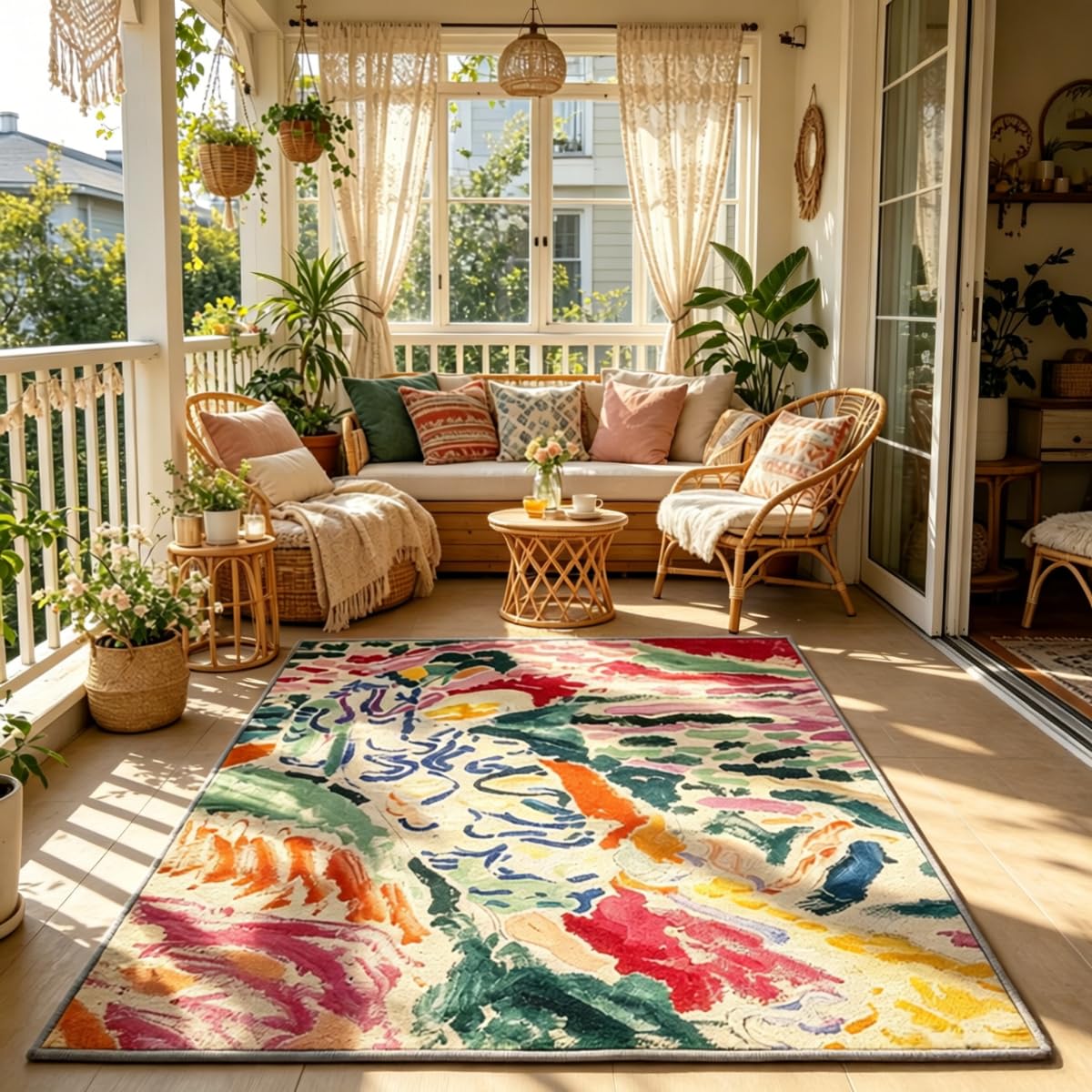 Tapis femme japonaise lavable au salon, grand tapis fleurs botaniques