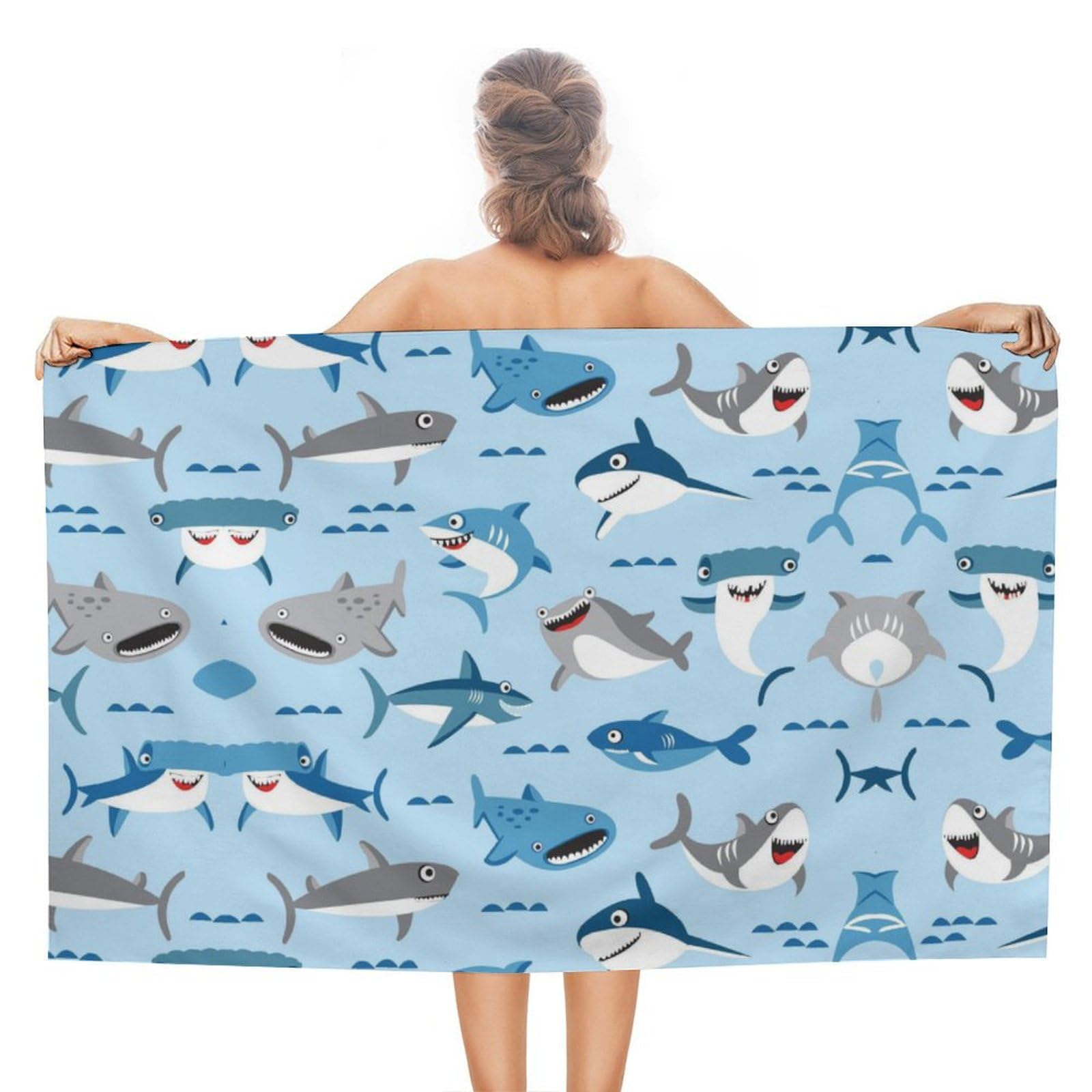 LWORZIIB Beach Towel, Shark Blue Cute Cartoon Bath Towel, Absorbent Towel for Swimming, Sports, Travel