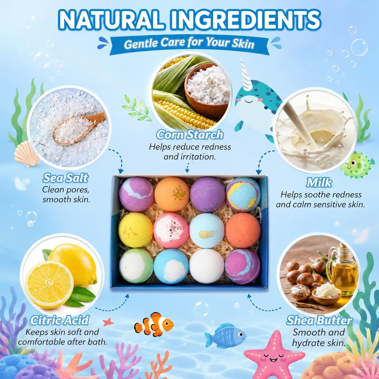Ocean Toy Bath Salt Ball Sleeve Box Bath Bombs Gift Set with Toys Inside, 12 Pack Organic Bath Bombs for Kids, Natural and Organic Colorful Bubble Bath Fizz Ball for Boys & Girls