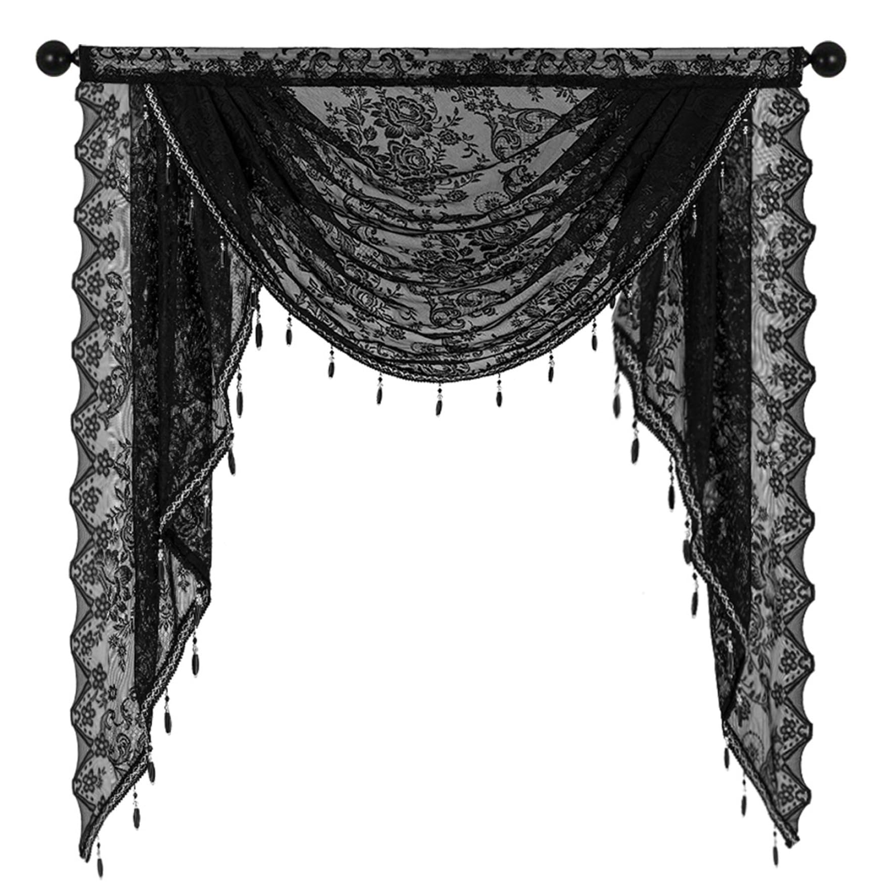 Pastoralist Window Semi Sheer Swag |Waterfall Valance with Bead Tassels 39 x 41 Elegant Black Lace Valance Vintage Floral Curtains Semi Sheer for Halloween, Bedroom, Living Room