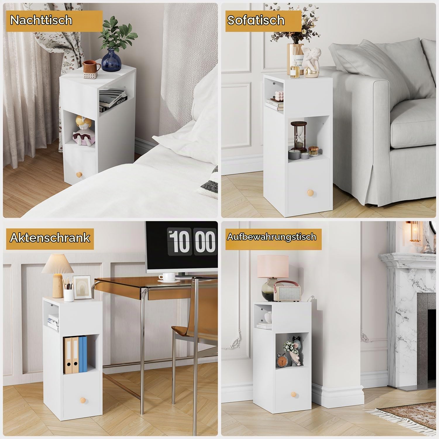 IBUYKE Nachttisch 2er Set, Schmal Beistelltisch,weiß WNS006W-2 | Kleiner Nachtschrank mit Schublade und 2 offene Fächer,Platzsparend,Bedside Table für Schlafzimmer,Wohnzimmer,Arbeitszimmer
