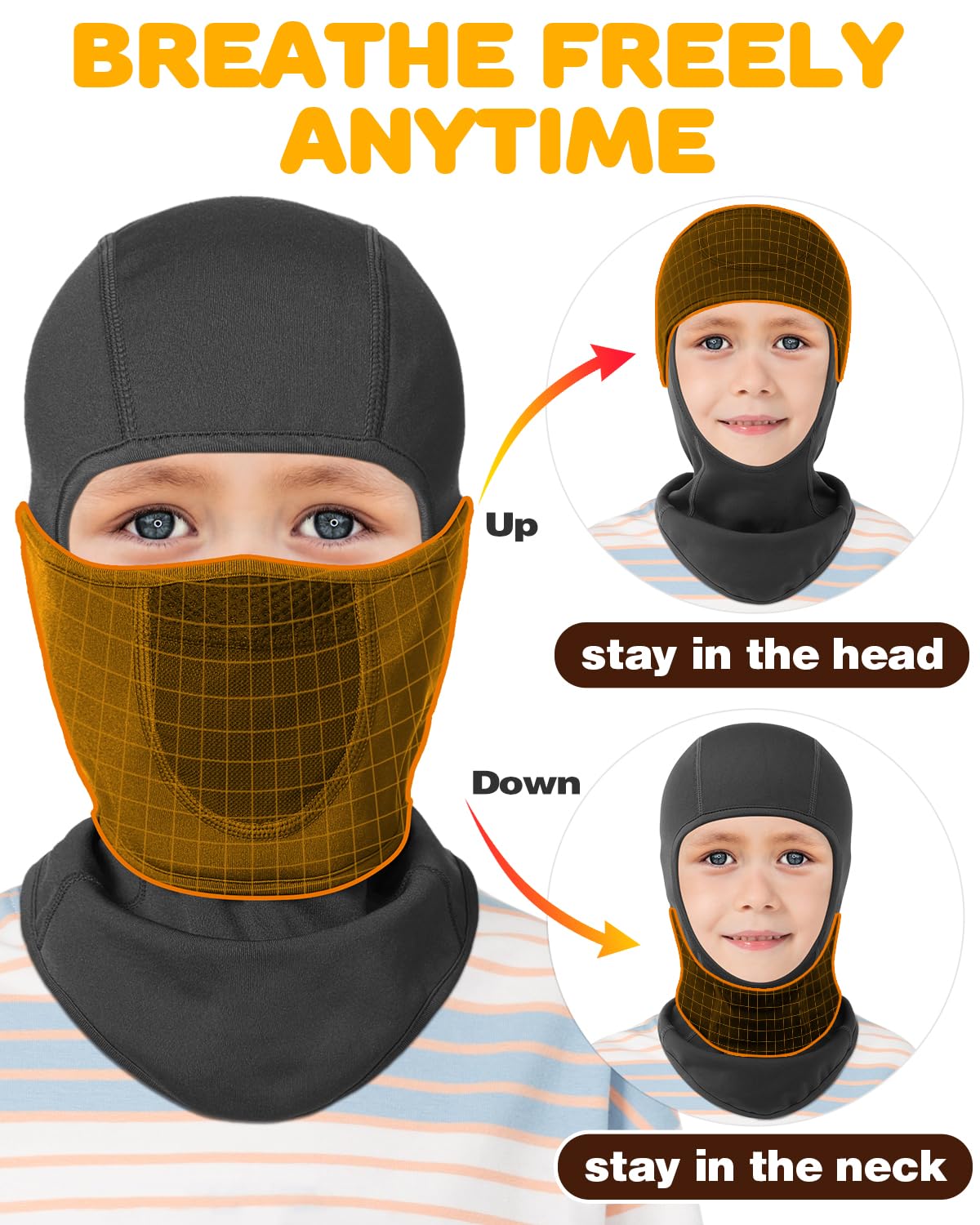 Pasamontañas con forro de casco para niños, máscara de esquí con capucha para niños y niñas, máscara facial de invierno para clima frío