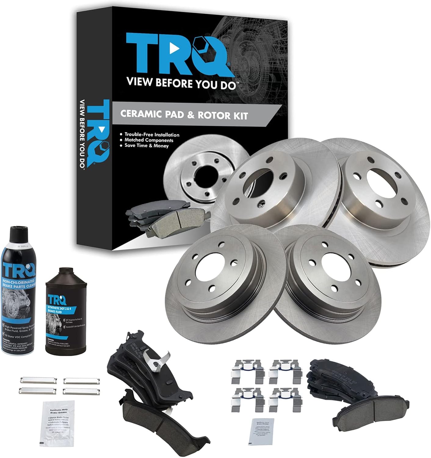 (incomplete Box). TRQ Disc Brake Rotor Ceramic Pad Front & Rear Kit w/Chemicals