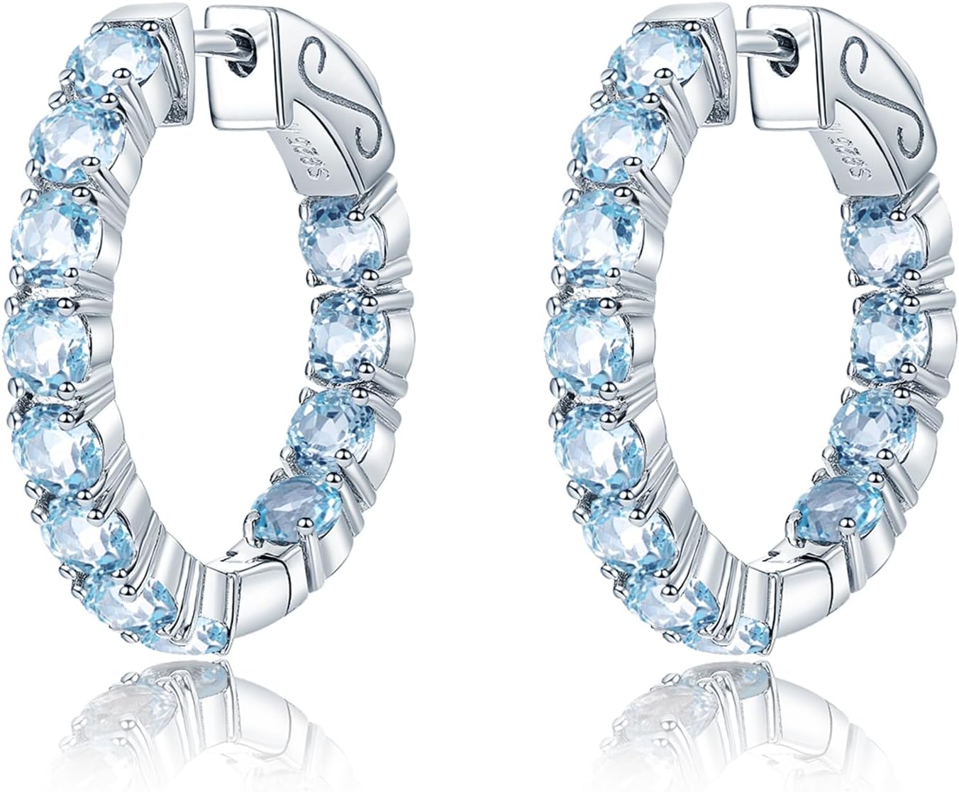 Hoop Earrings for women 925 Solid Sterling Silver, Natural Gemstone with 24 Grains Round Shape Main Stone Rhodium Plated Classic Style Fine Jewelry for Birthday Christmas Gifts