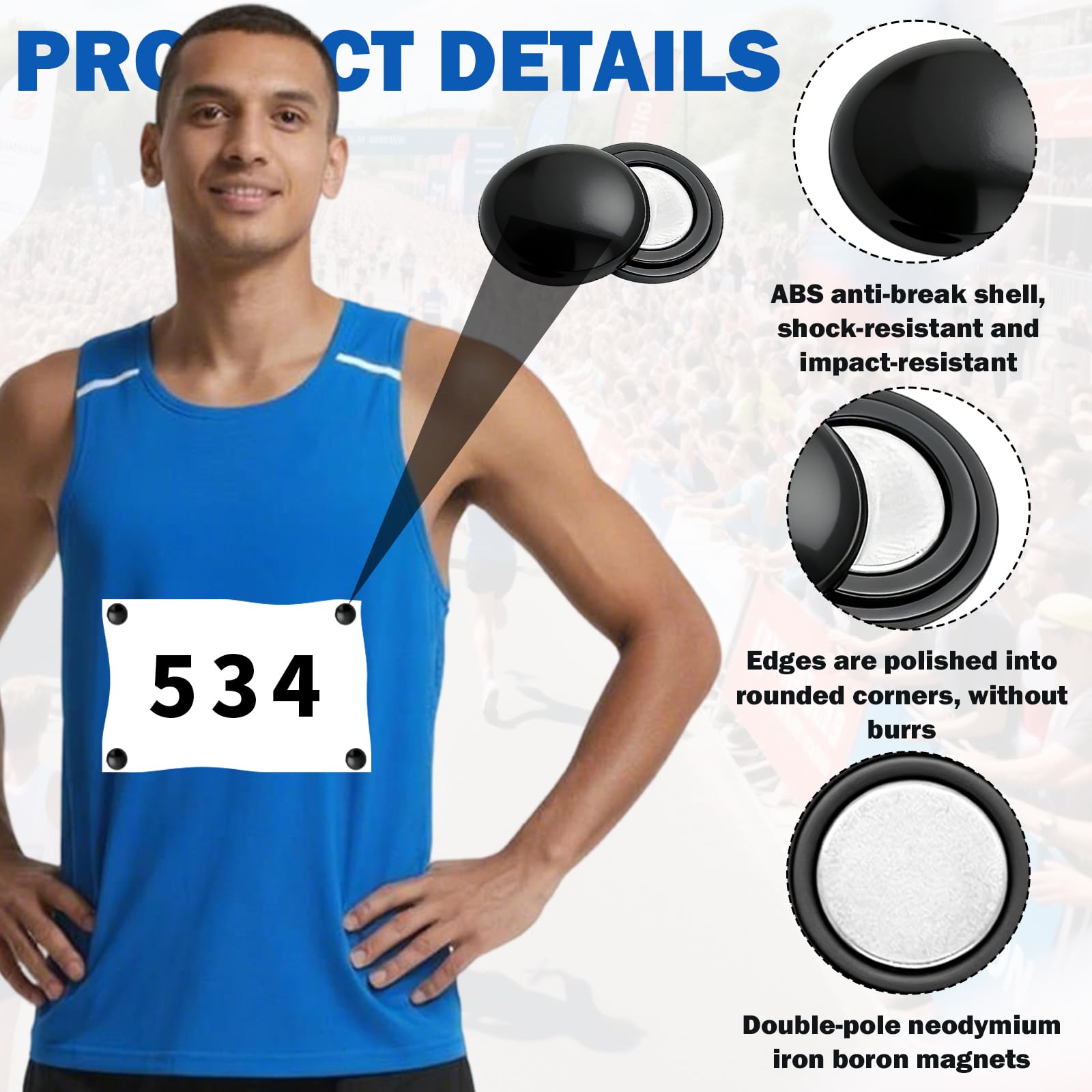 Lot de 4 supports pour numéro de dossard, aimants pour numéro de dossard, accessoires d'athlétisme, fixation pour numéro de dossard, aimants à utiliser pour marathon, convient pour les dossards