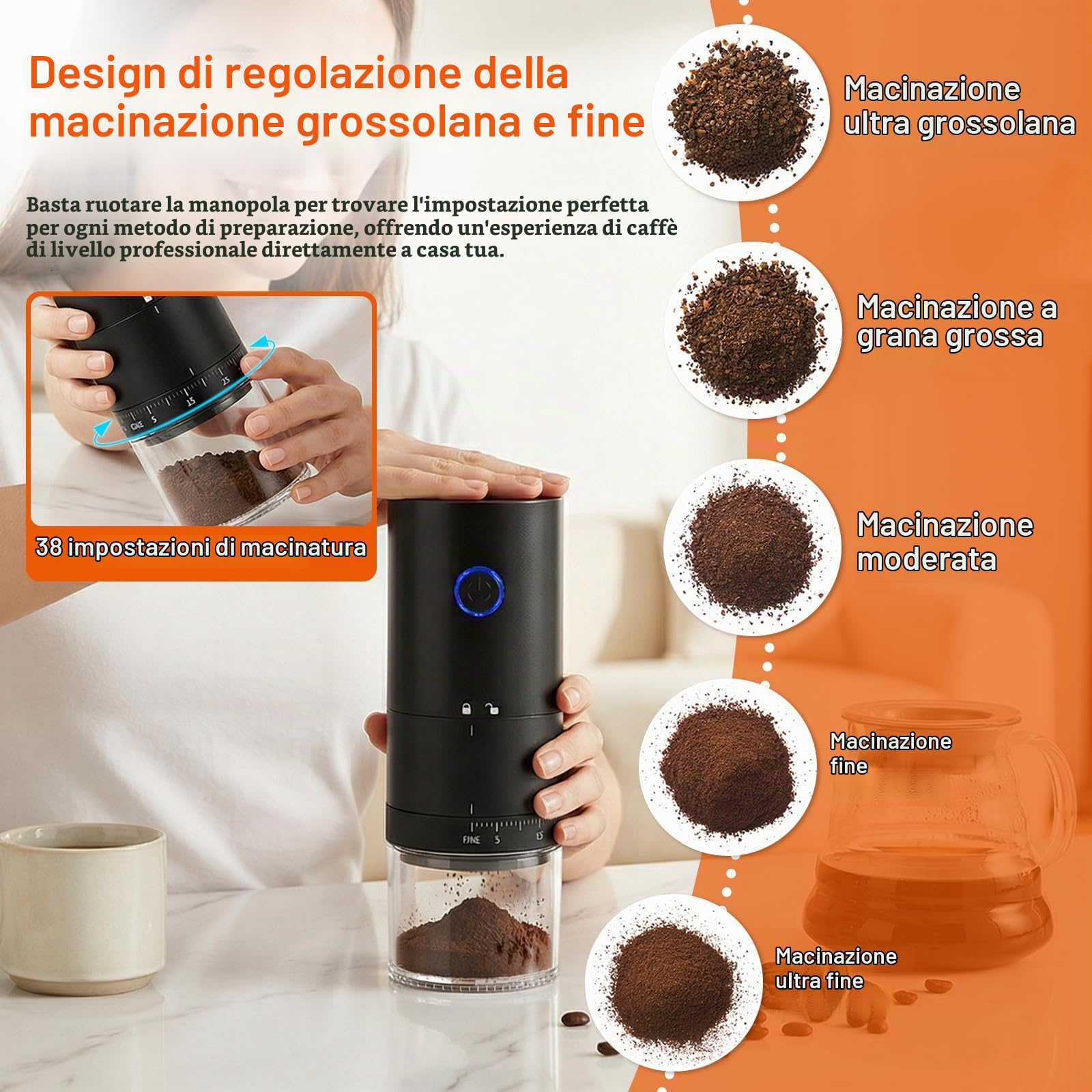 Macinacaffè Elettrico, Coffee Grinder Portatile con 38 Impostazioni Regolabili, USB Ricaricabile, Macina Caffè Granulometria Regolabile per semi e spezie, per Casa Ufficio Viaggi e Campeggio