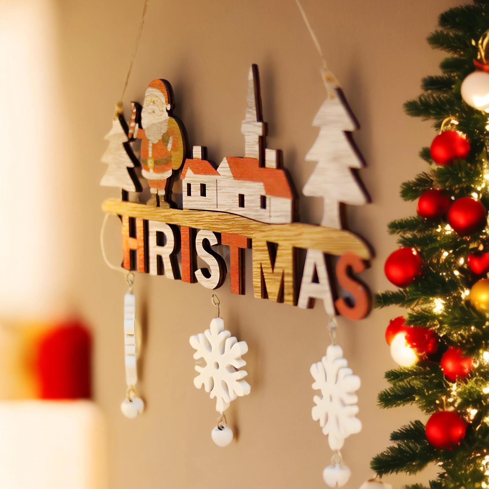 Juego de 3 letreros de madera para colgar en la puerta de Navidad, de 7.9 x 8.7 pulgadas con campanas de copo de nieve, Papá Noel, muñeco de nieve, reno para decoración navideña en interiores y