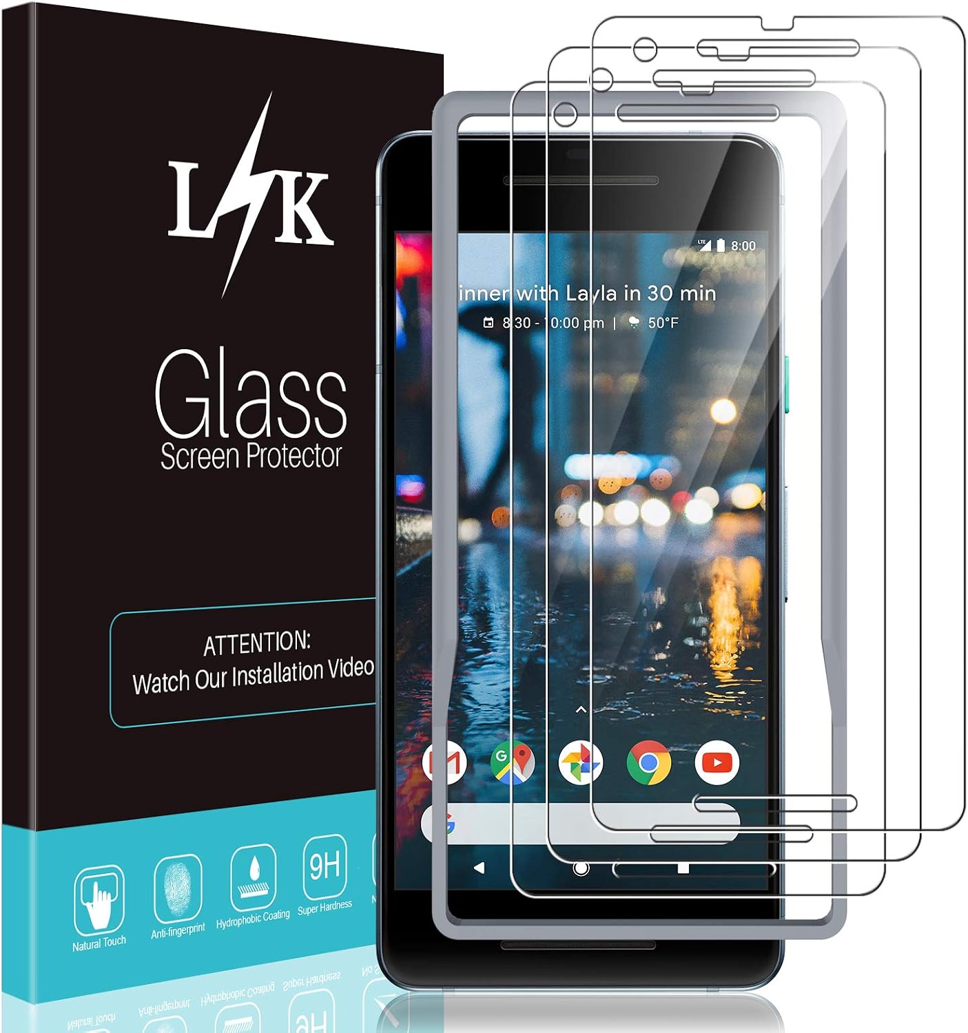3 Pack LϟK Screen Protector Compatible for Google Pixel 2, New Version, Tempered Glass 9H Hardness, Case Friendly, Installation Tray - Gray