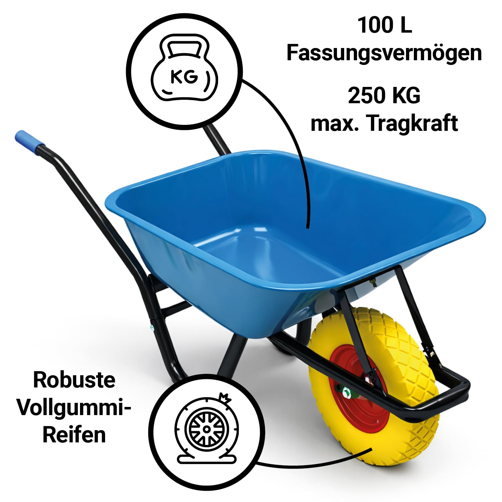 BITUXX Schubkarre 100L Schubkarren Schiebkarre Groß Scheibtruhe Bauschubkarre Blau mit PU Vollgumi Rad Gelb bis 250kg