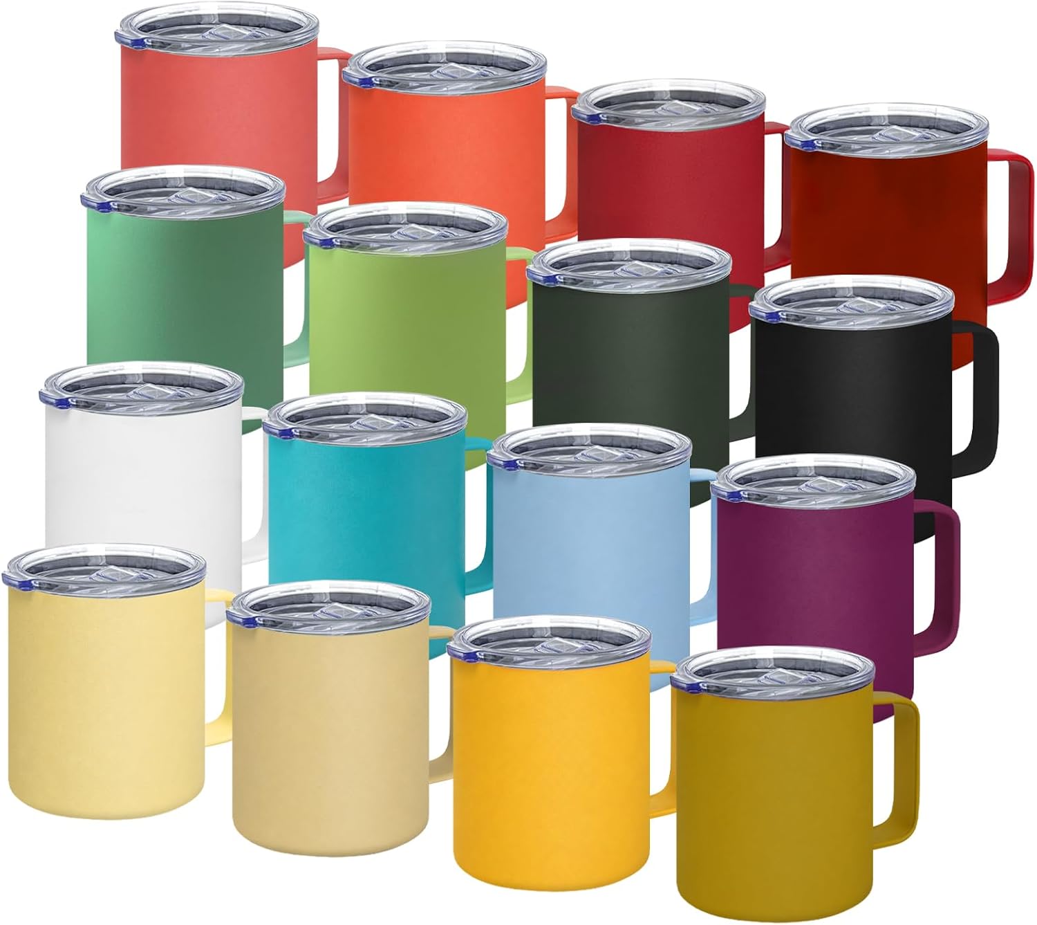 YOUKE OLA 16 Pack Stainless Steel Insulated Coffee Mug Bulk with Handle & Lids, Powder Coated 12oz Vacuum Insulated Double Wall Mug for Laser Engrave, 16 Colors