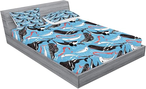 Miniatura 2 de Ambesonne Narwhal Fitted Sheet & Pillow Sham Set, Arctic Giant Sea Mammals Orca White Whale Narwhal Sketch Ocean Fauna, Decorative Printed 3 Piece