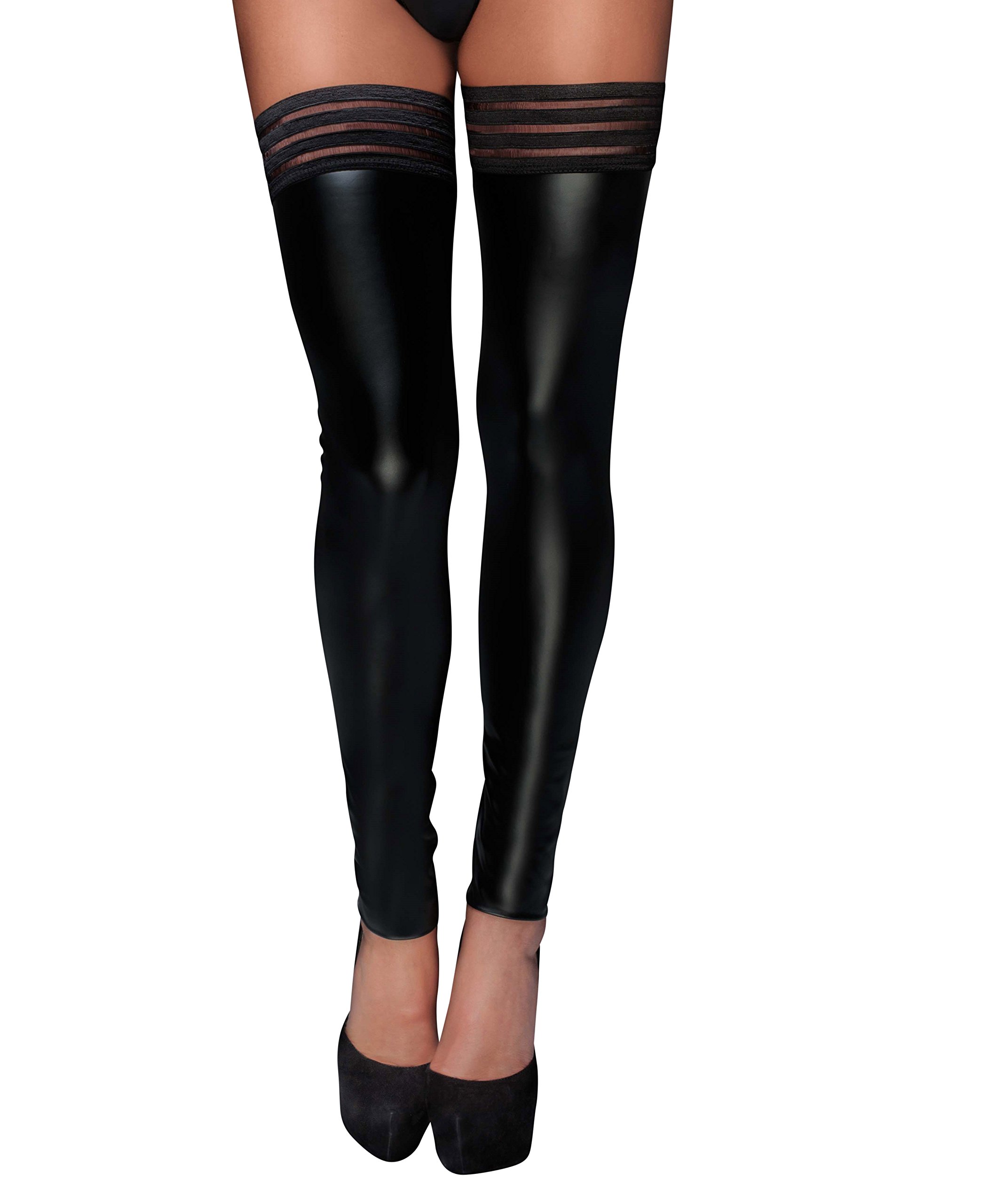 Noir Handmade Damen Dessous wetlook fetisch Stockings mit elastischen Bändern und Silikon Streifen in schwarz