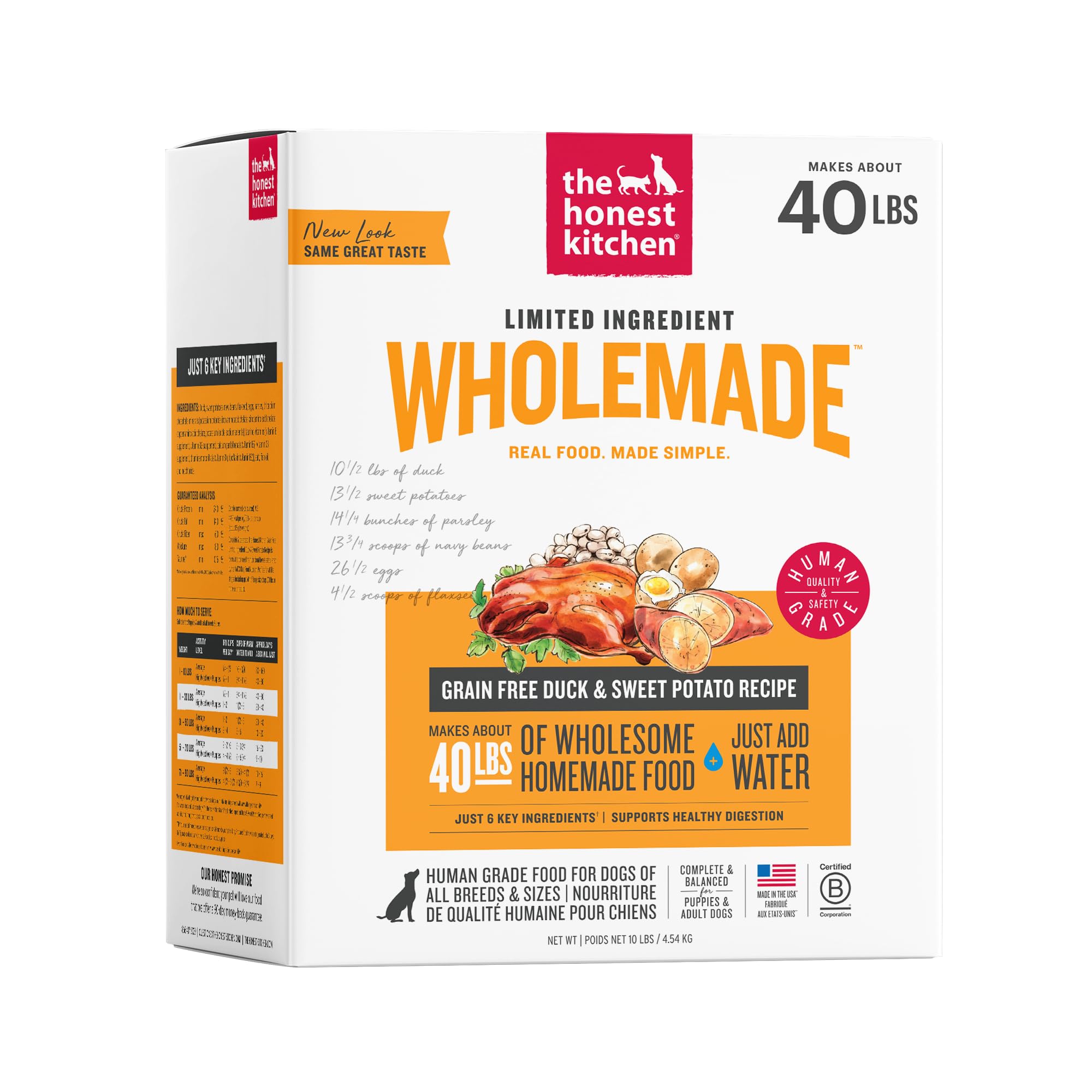 The Honest Kitchen Wholemade 6 Ingredient Grain Free Duck Recipe, Human Grade Dehydrated Dog Food, Allergy Friendly, Digestion Support, Topper for Dry or Wet Dog Food, 10 lb Box Makes 40 lbs