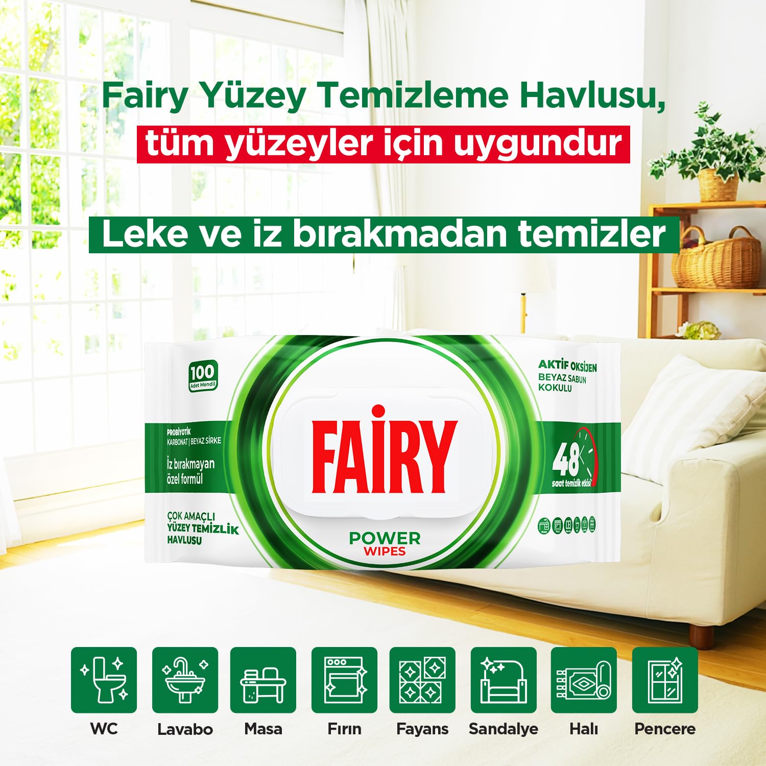 Fairy Çok Amaçlı Yüzey Temizlik Havlusu 100 Yaprak | Beyaz Sabun | Beyaz Sirke & Karbonat | 48 Saat Temizlik Etkili | İz Bırakmayan Formül