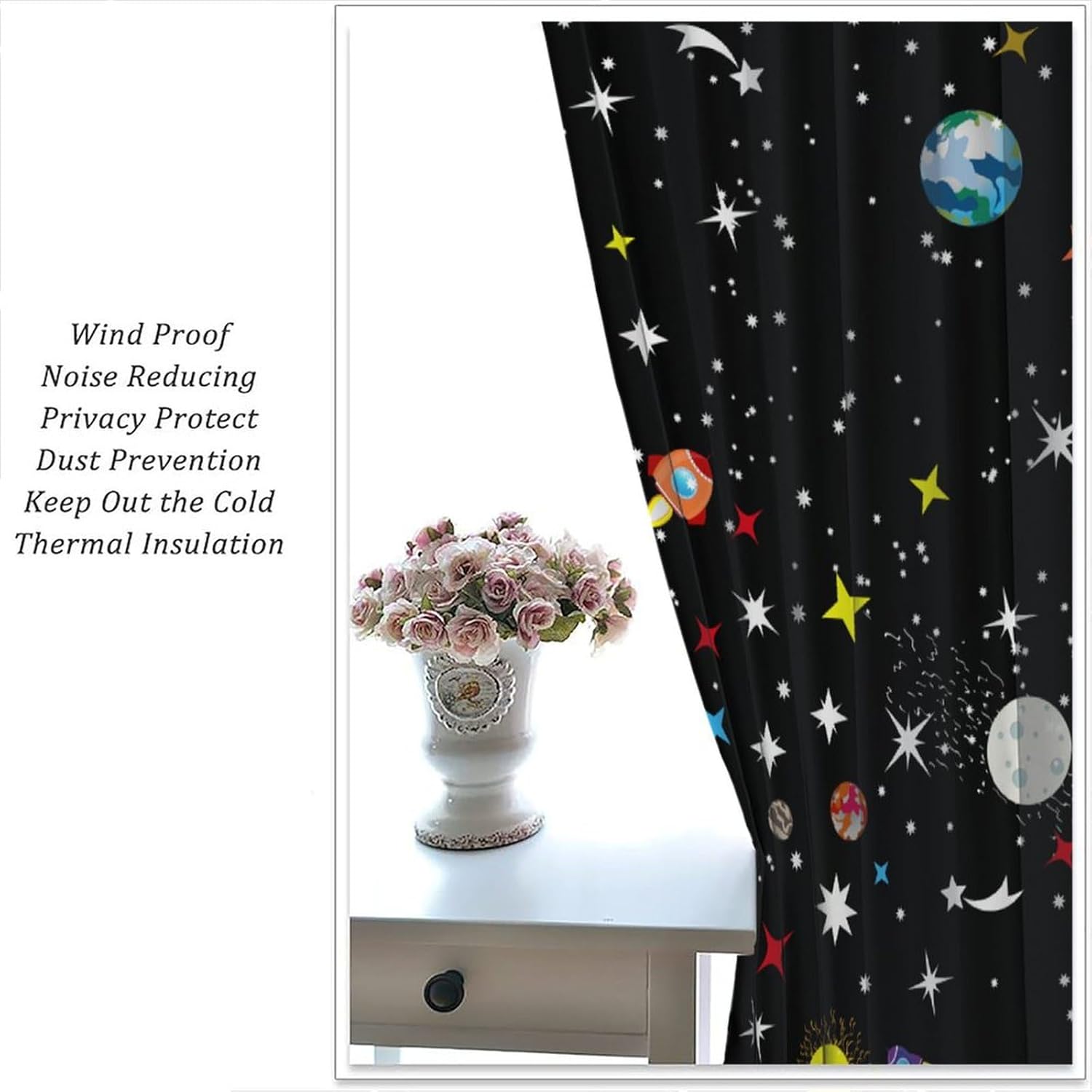 Kids Boys Bedroom Curtains Galaxy Outer Space Playroom Spaceman Planets Theme Solar System Black Cartoon Punch Out Curtains 42x63 Inch 2 Panels